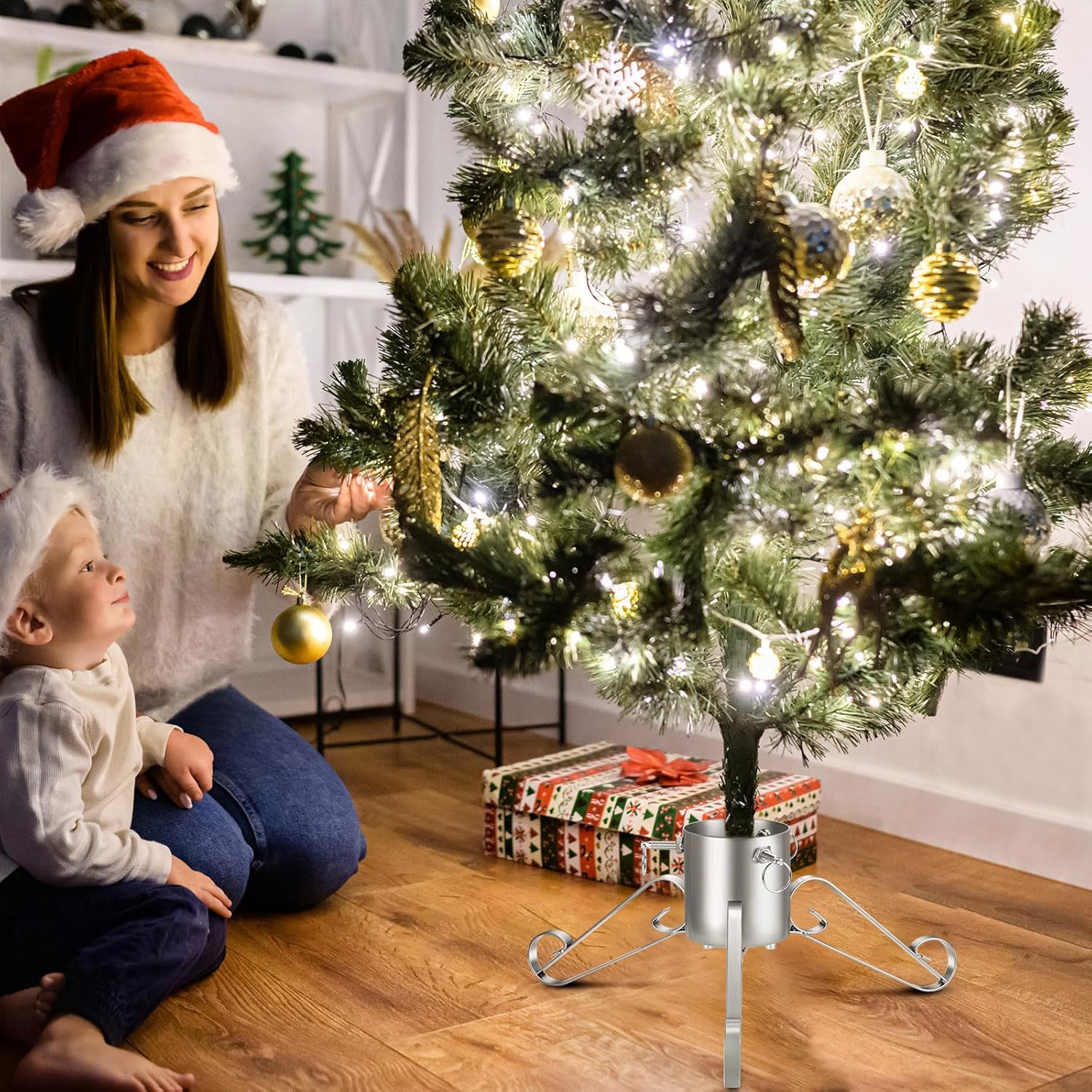 Liliful Christmas Tree Stand Christmas Tree Base Holder Stand for 8.2ft Live Tree Sturdy Metal Heavy Duty Tree Holder Real Xmas Tree Decoration,1.38"-3.54" Diameter (Silver)
