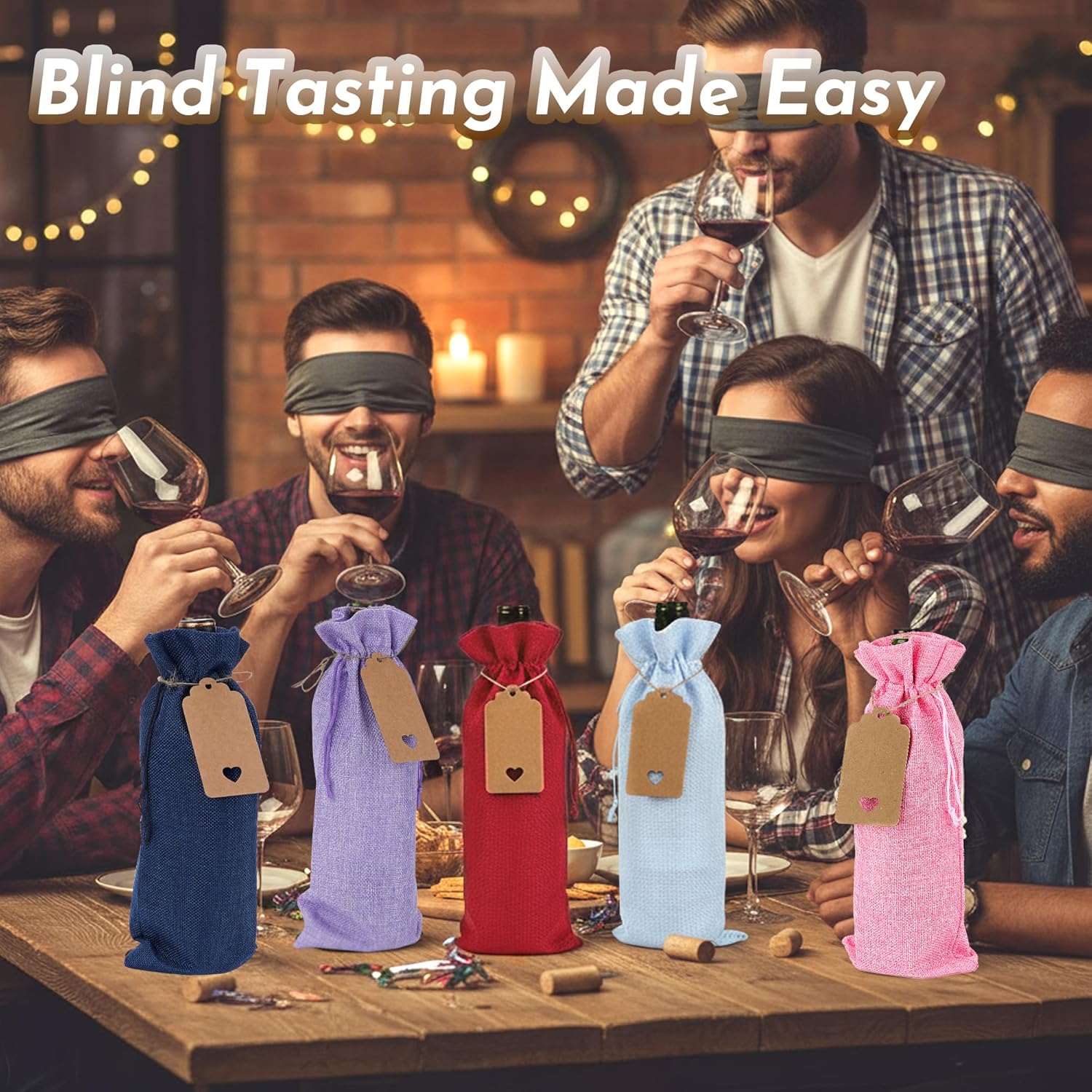 12 Pack Burlap Wine Bags with Gift Tags and Jute Rope, Rustic Drawstring Wine Bottle Bags for Weddings, Parties, and Holidays, Light Blue - Image 8