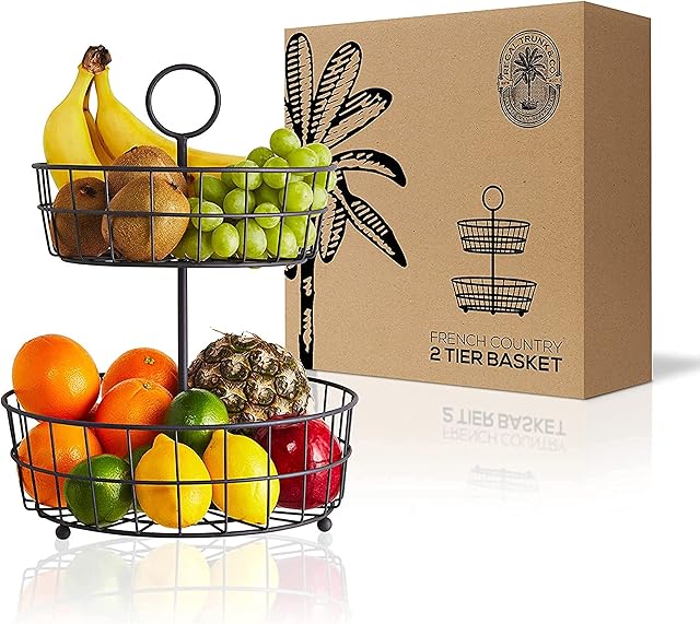 2 Tier Fruit Basket  Regal Trunk & Co. Wire Fruit Bowl or Produce Holder | Two Tier Fruit Basket Stand for Storing & Organizing Vegetables, Eggs, etc | Fruit Basket for Counter or Hanging