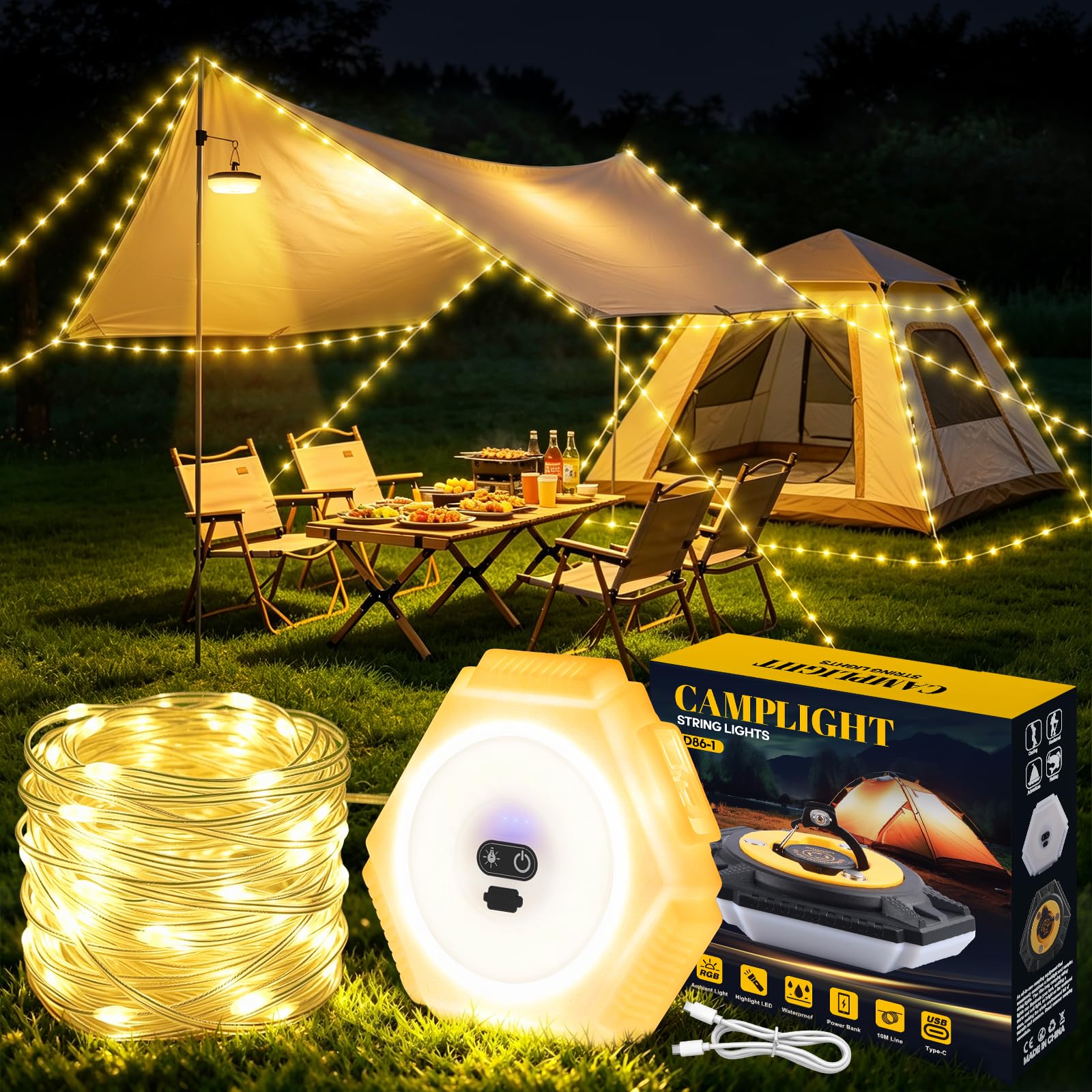 GAEEP Camping String Lights, 10M Retractable Fairy Lights with 7 Lighting Modes, USB Rechargeable 2-in-1 Camping Lantern and String Lights, Waterproof Tent Lights for Camping, Garden, Party