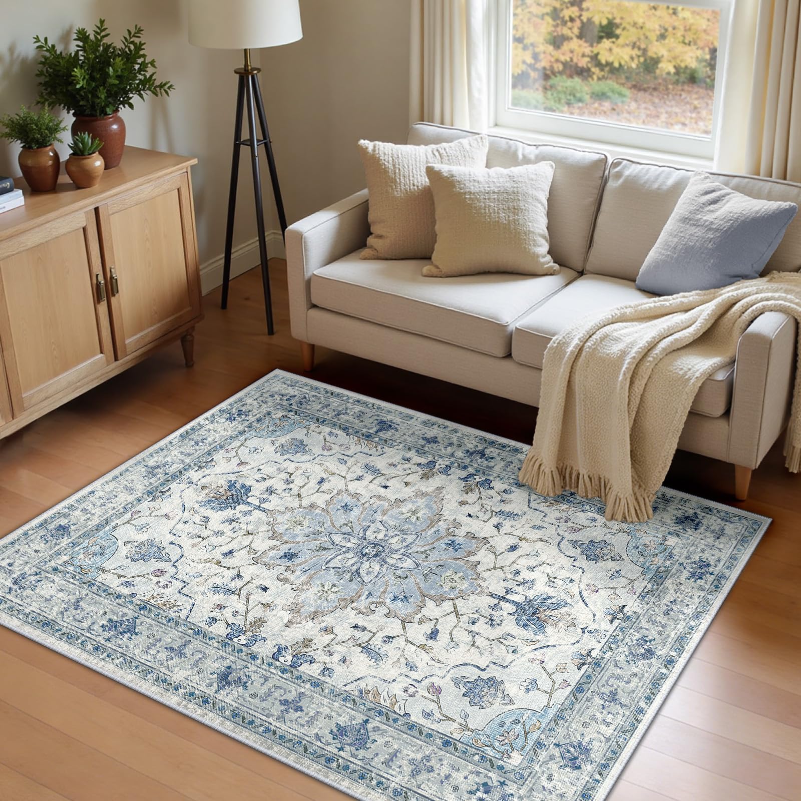 INOVADAY Vintage Waschbarer Teppich Wohnzimmer Boho Kurzflor rutschfest Teppich Weich Teppiche mit Druckmuster für Schlafzimmer, Esszimmer, Büro