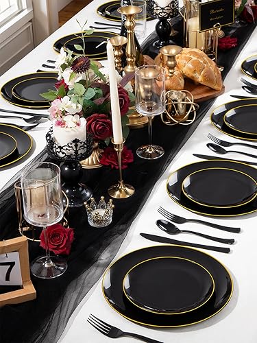 Miniatura 2 de WDF Cubiertos de plástico negro de 180 piezas, el juego de cubiertos de plástico incluye 60 tenedores, 60 cuchillos, 60 cucharas, cubiertos