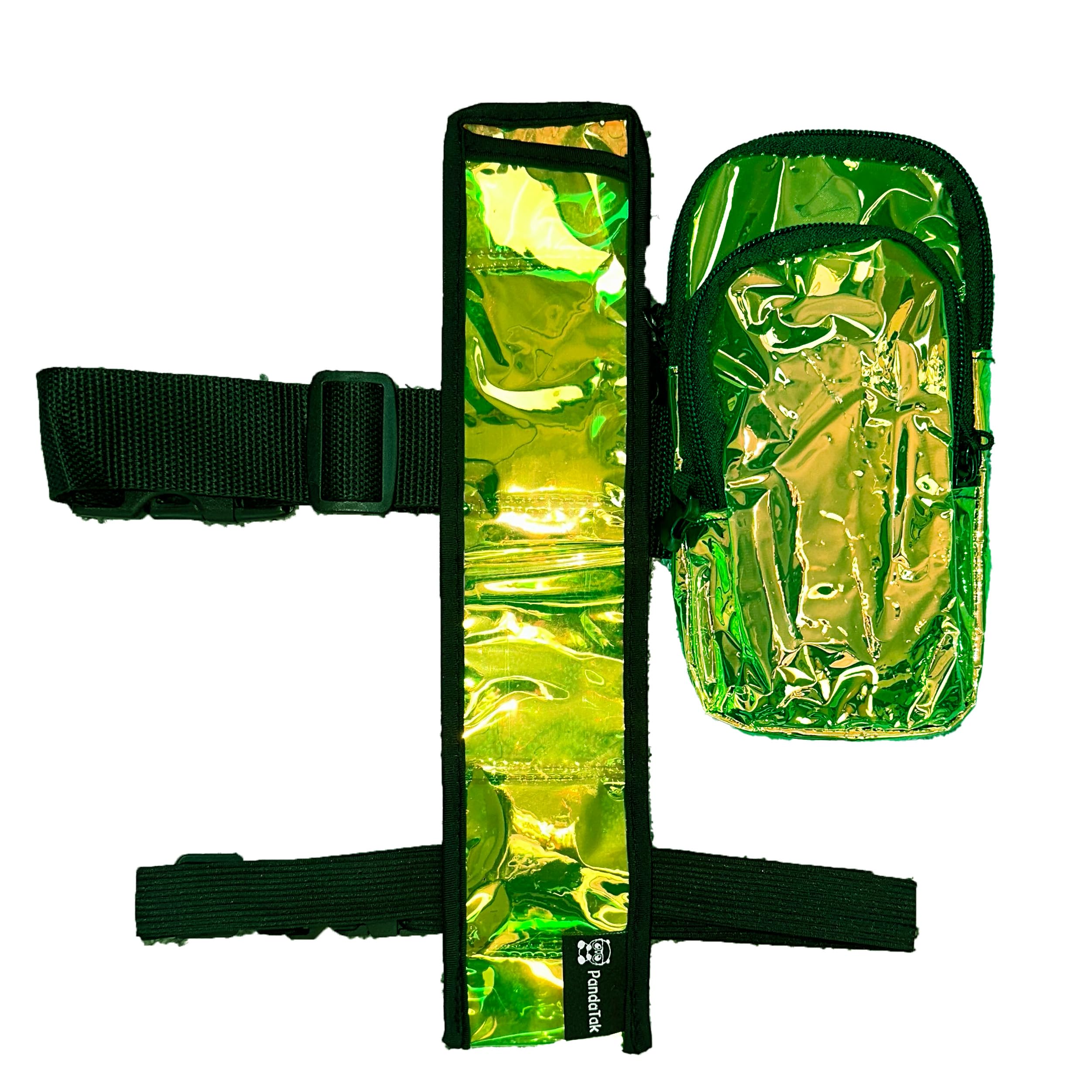Clear Plastic UV Green Dark Light Vers Murse Phone Bag Fan Holster Fanny Pack, Arm/Leg Band, Buckled Zippers Hidden Zipper Pocket Raves Parties, UV Green, Phone Bag + Fan Holster Combo