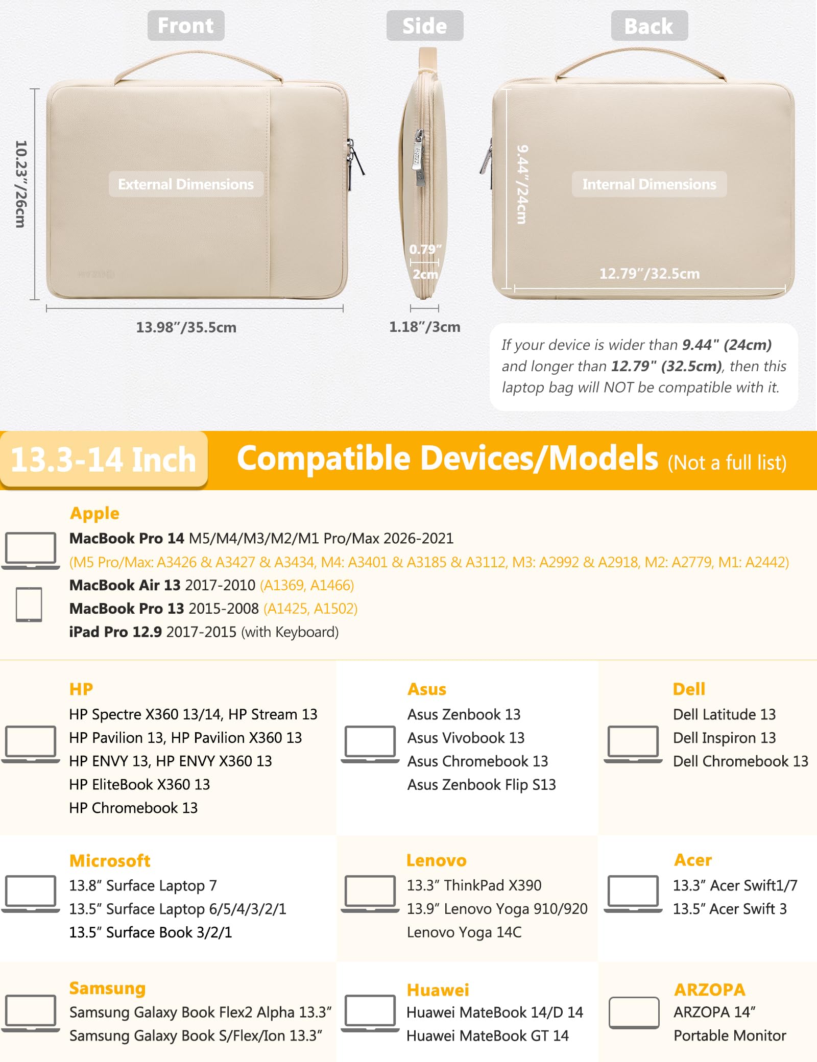 HYZUO 13,3-14 Pouces Housses Ordinateur Portable pour MacBook Pro 14 M5 M4 M3 M2 M1 2026-2021, MacBook Air/Pro 13,3, 13,8"/13,5" Surface Laptop/Book, 13" 13,3" HP Dell Lenovo ASUS Acer, Sable