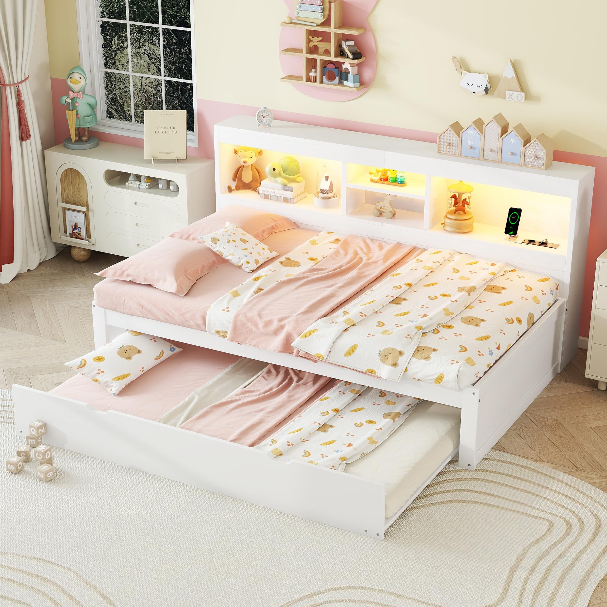 Soweiz Sofá cama, cama de día, iluminación ambiental teledirigida, compartimento de almacenamiento lateral de la cama, cama extraíble, enchufe + USB, sin colchón, camas para niños y niñas (blanco, 90