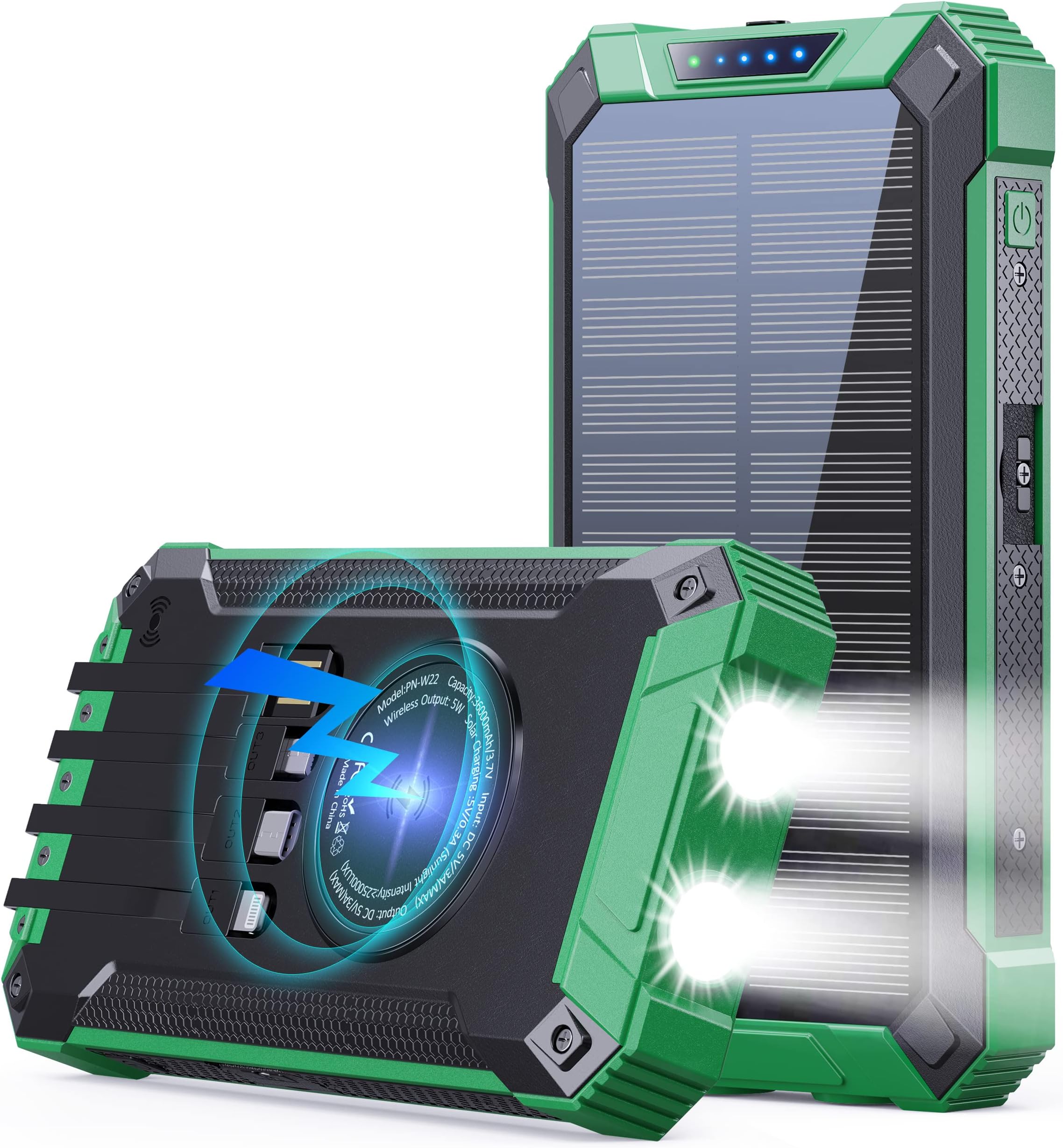 GOODaaa Power Bank Wireless Charger 36000mAh Built in 4 Cables Six Outputs 15W Fast Charging Power Bank for All Mobile Devices Three Inputs Solar Portable Charger with Dual Flashlights, CarabinerGlobal Recycled StandardGlobal Recycled StandardGlobal Recycled Standard