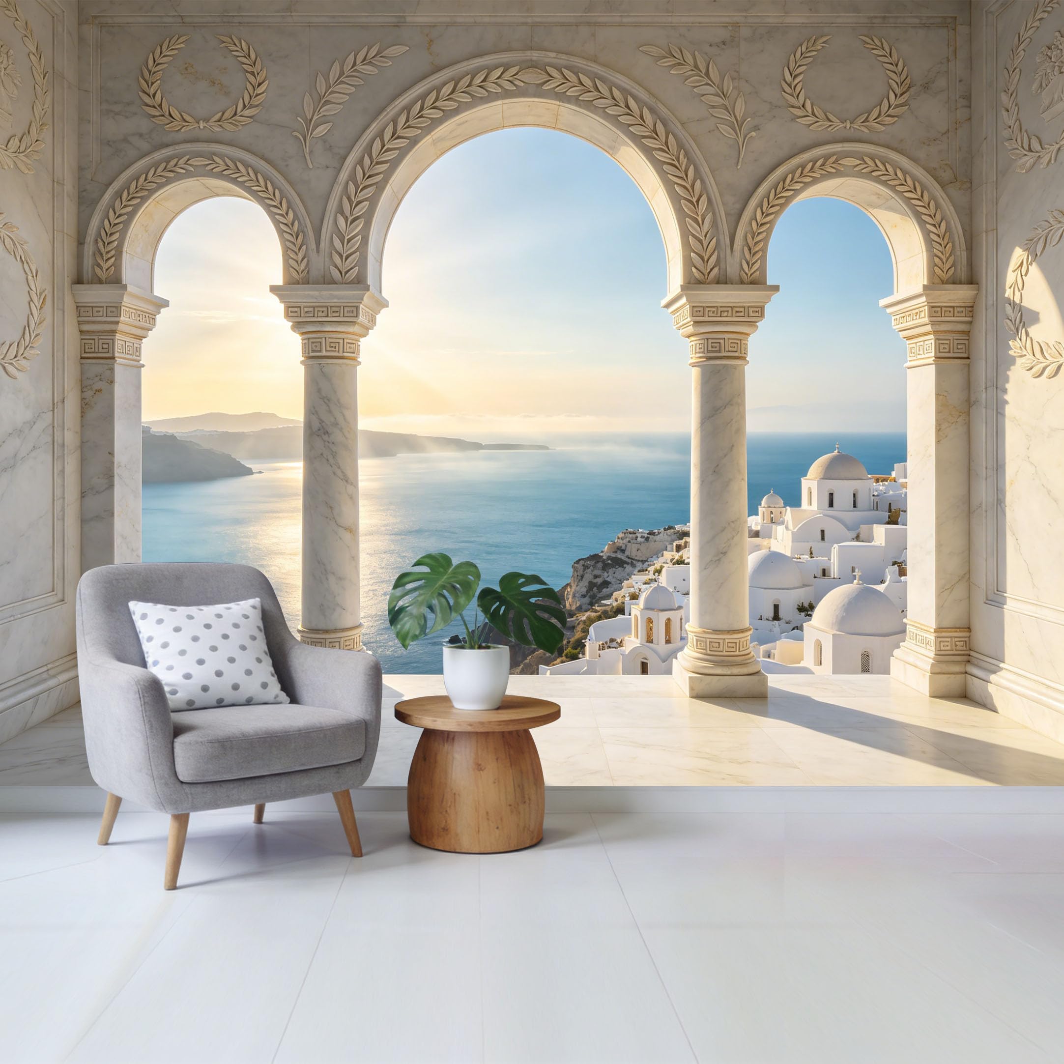 Removable Self Adhesive Fabric Mural， Mediterranean Coastal Sea View Custom Size Wall Covering， 3D Trompe L'Oeil Marble Arch UV Protected Waterproof Washable Wall Decor for Living Room
