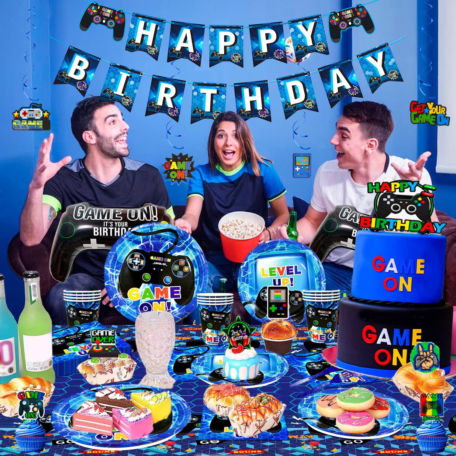 Video Game Birthday Party Decorations, 16 Guests Video Games Party Tableware Supplies Set, Video Game Party Plates Cups Napkins Tablecloth Banner Balloons etc