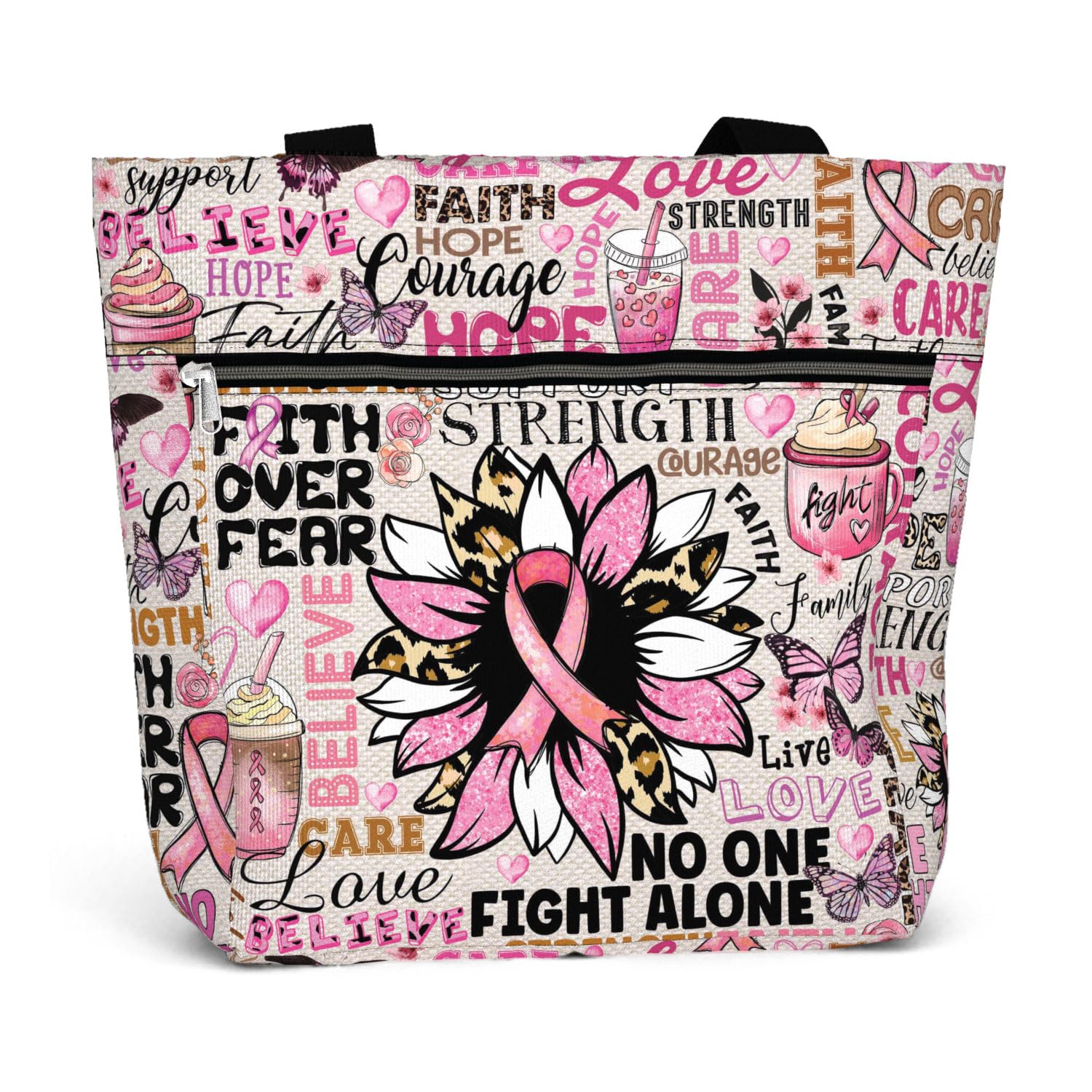 84hoods Waterproof Tote Bag with Pockets and Zipper for Work. Breast Cancer Awareness Gift for Survivors Fighters for Women.