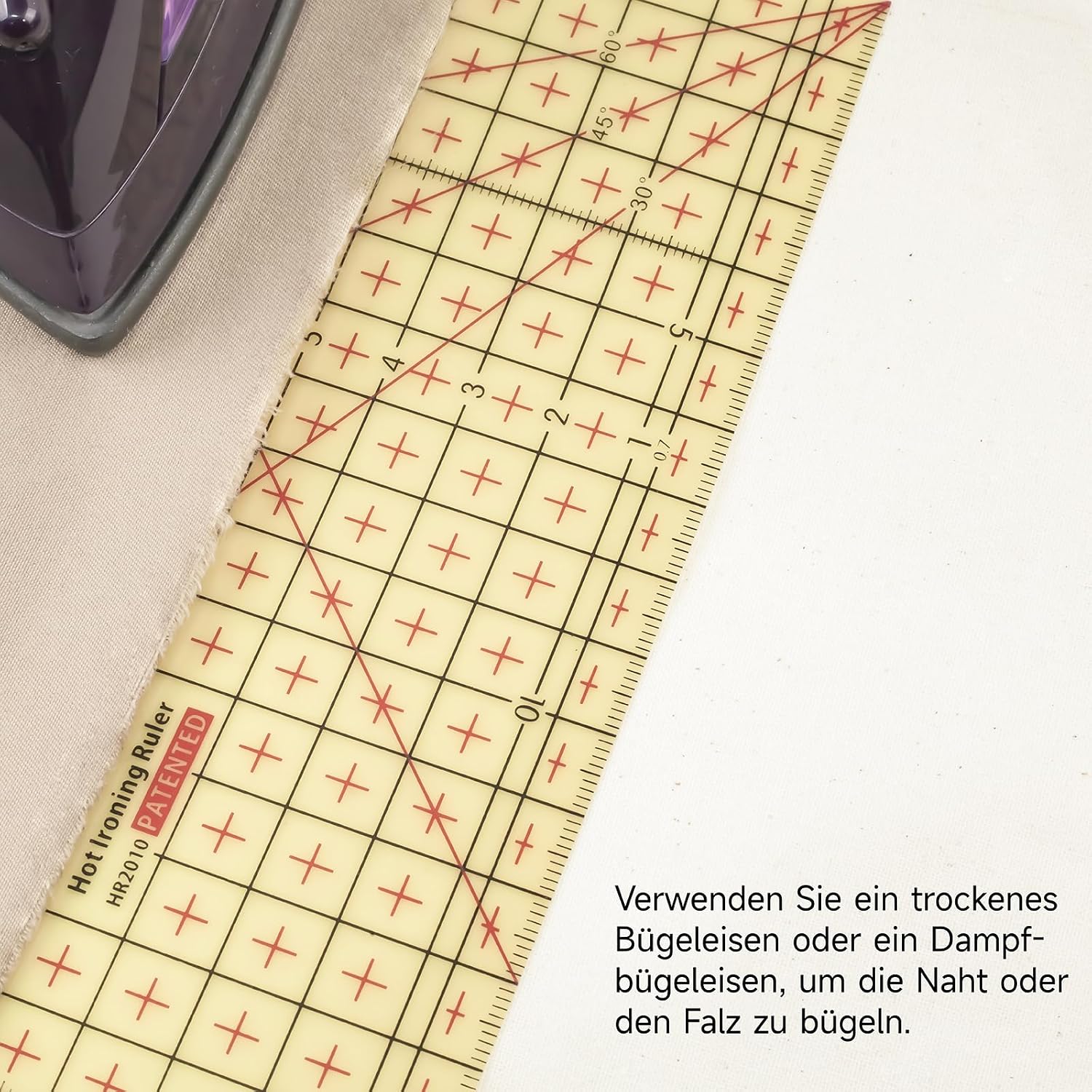 KEARING Metric Hot Hem Ruler for Sewing, Patented Heat Resistant Non-Slip Hot Ironing Ruler for Measure, Mark, Fold, Press with Dry or Steam Iron, 30 x 10CM