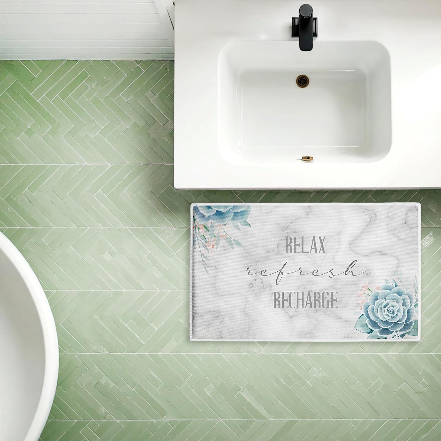 Relax Refresh Recharge Succulents Plush Bathroom Mat & Bath Rug, Soft Quick-Dry Non-Slip Bathroom Rug with Recycled Foam Cushion, Botanical Greenery Bathroom Design by Kim Allen, 18"x30"