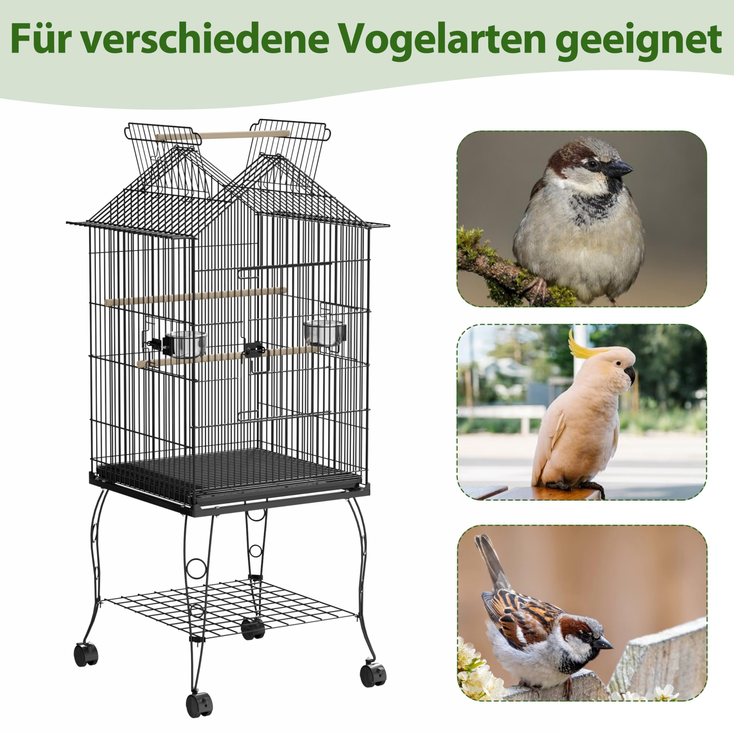 YRHome Vogelkäfig mit Ständer Wellensittlichkäfig mit Dach zum Öffnen 55 x 55 x 145 cm Vogelvoliere Papageienkäfig Tropfenvogelkäfig mit Futterhaus und Sitzstange aus Holz für Wellensittiche