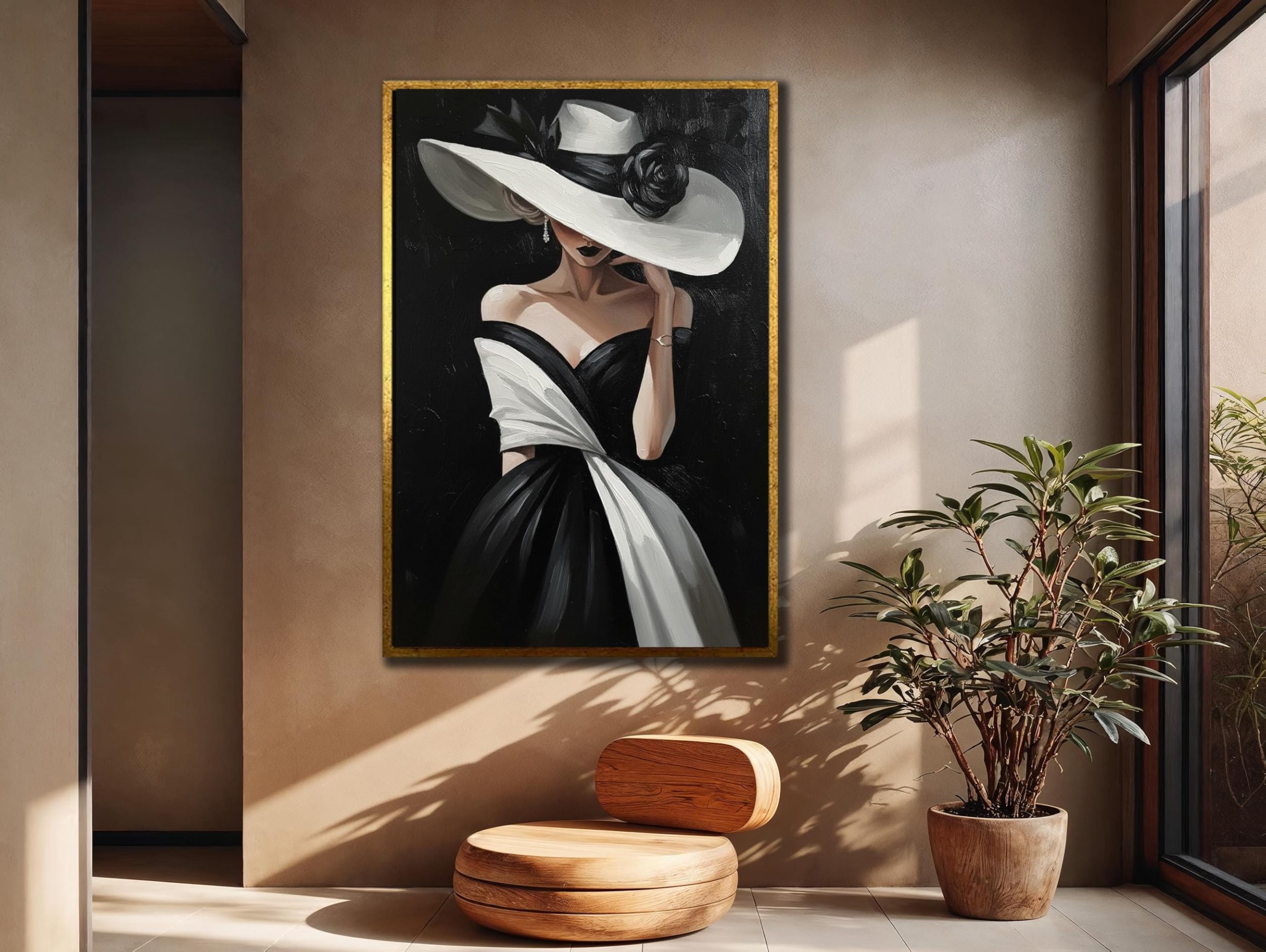LMYCHENG Obraz dekoracyjny Kobieta w czarnym kapeluszu: minimalistyczny obraz ścienny abstrakcyjna sztuka ścienna mural do salonu sypialni (60 x 90 cm / rama wewnętrzna)