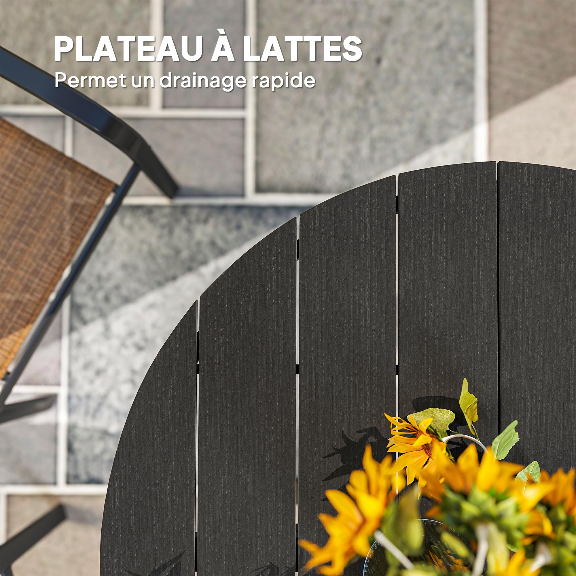 Outsunny Table à Manger de Jardin Ronde Ø 118 cm Aluminium Plateau Effet Bois Patins réglables Noir
