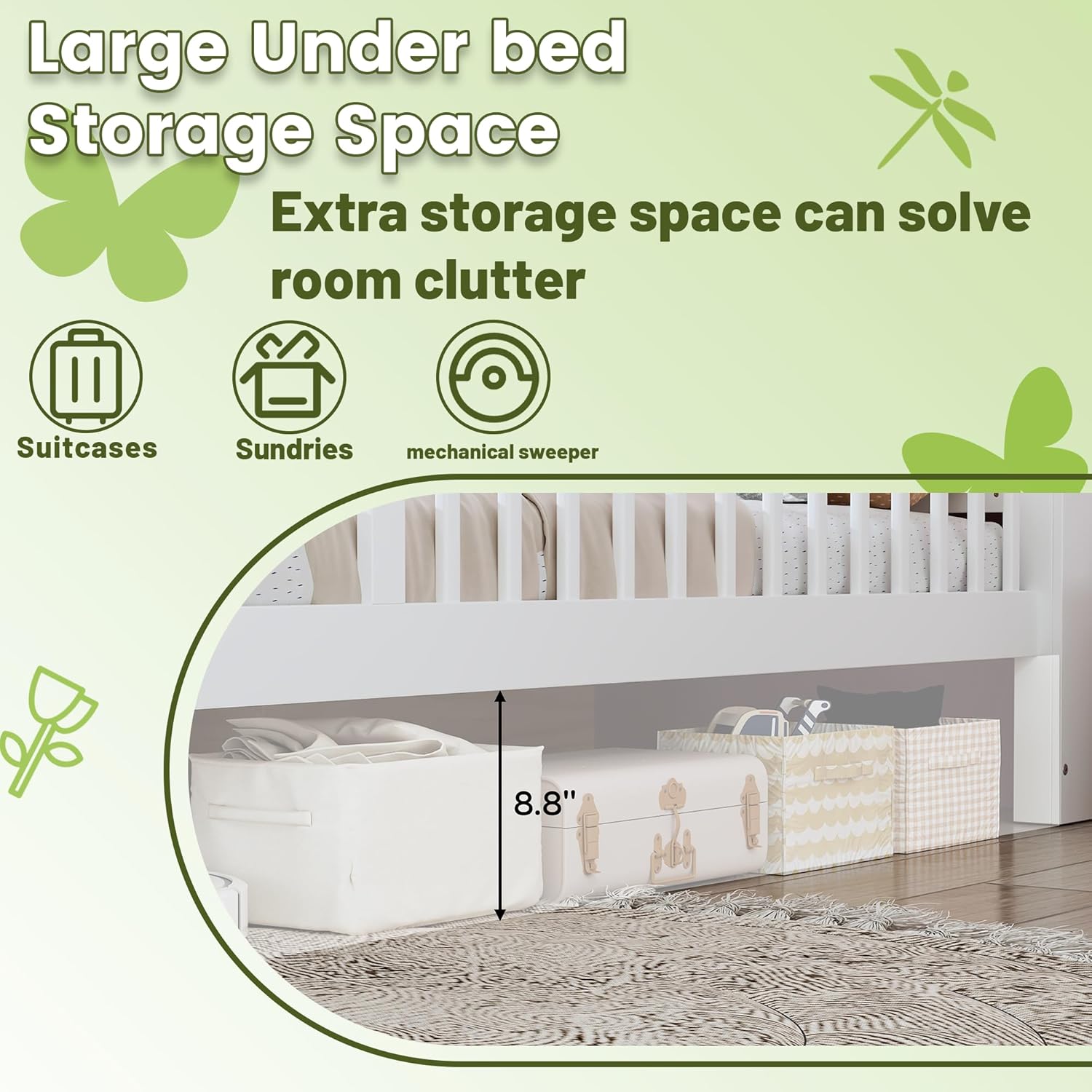 Twin Size Kids Bed with Storage, Solid Wood Platform Beds with Storage Rack, Two Drawers, Three-Side Guardrails for Safety and Security, Twin Bed Frames for Kids Teens, White