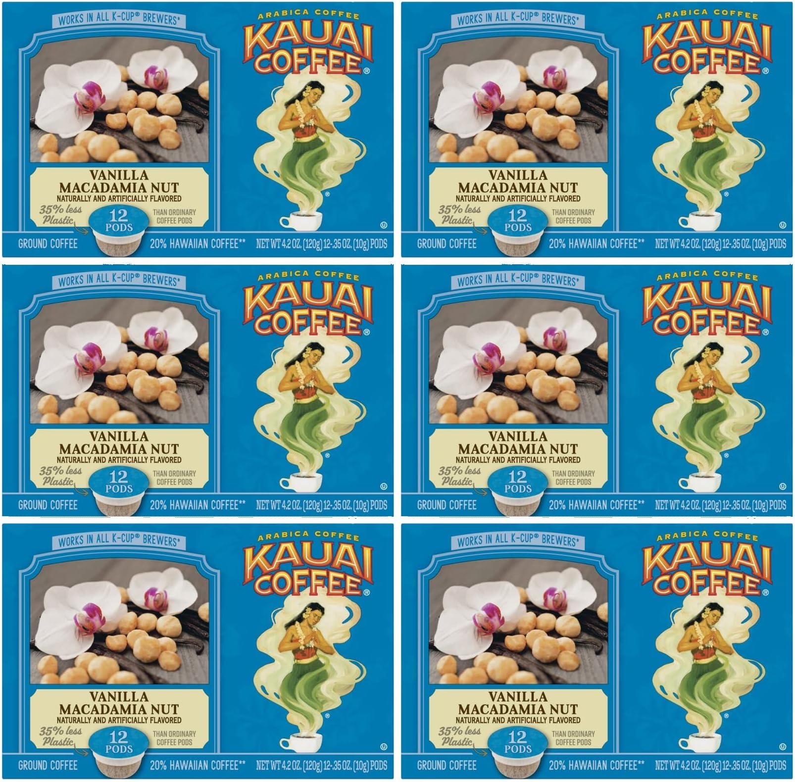 Kauai Coffee Single Serve Pods, Vanilla Macadamia Nut Flavor - Arabica Coffee from Hawaii's Largest Coffee Grower, Compatible with Keurig K-Cup Brewers - 12 Count (Pack of 6)