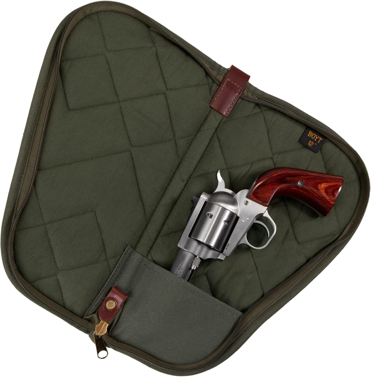 Boyt Harness Heart Shaped Handgun Case with Pocket - 22 oz. Heavy-Duty Canvas, 40 oz. Cotton Batting Padding, Flannel Lining, Zippered Accessory Pockets - OD Green