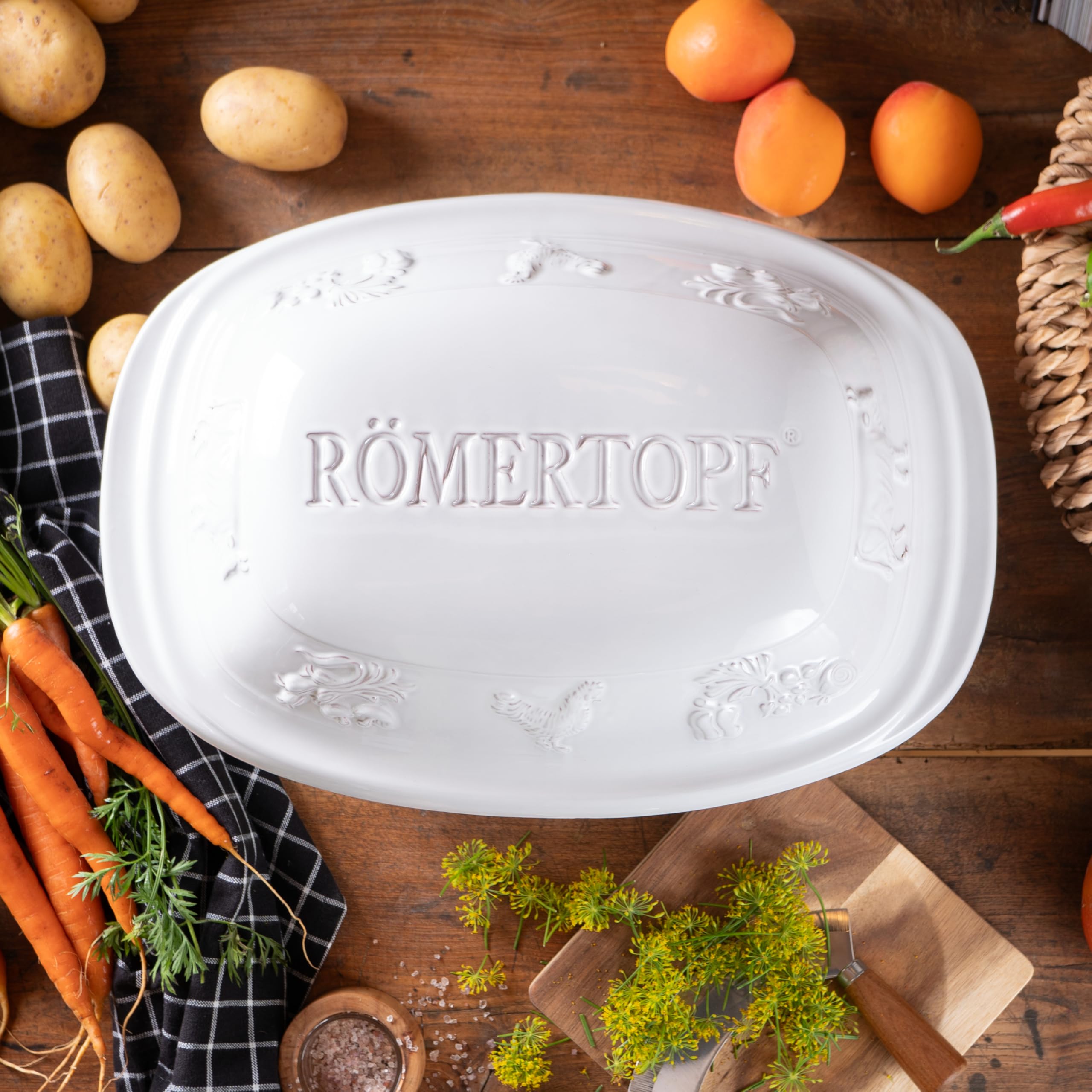 Römertopf RUSTICO – Cazuela de cerámica con tapa para 6 personas, 5 L, para guisar, asar y cocer al vapor, apta para horno y lavavajillas, blanco