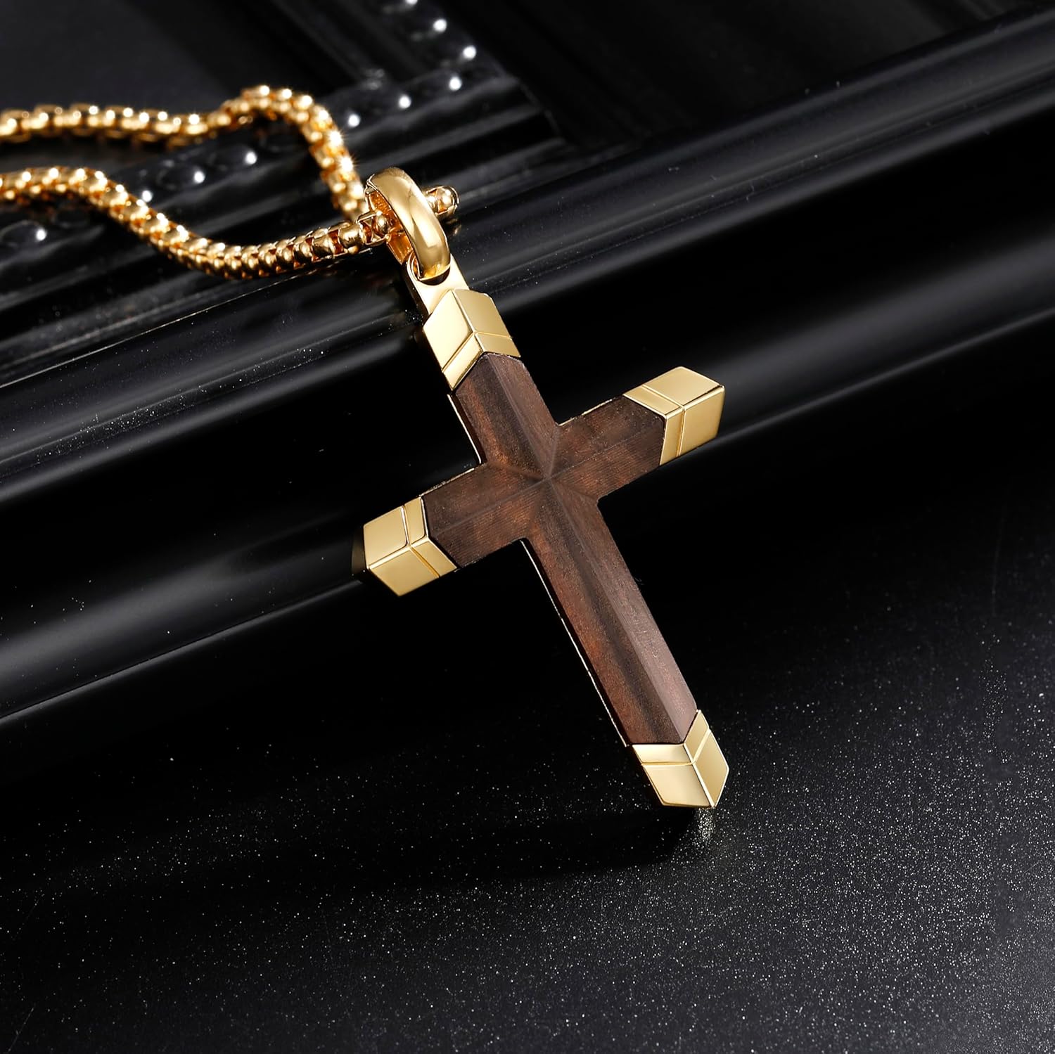 Cross Necklace for Men -Stainless Steel & Wood Adjustable Box Chain 24-26in, Spiritual Jewelry Gift for Him, Everyday Wear