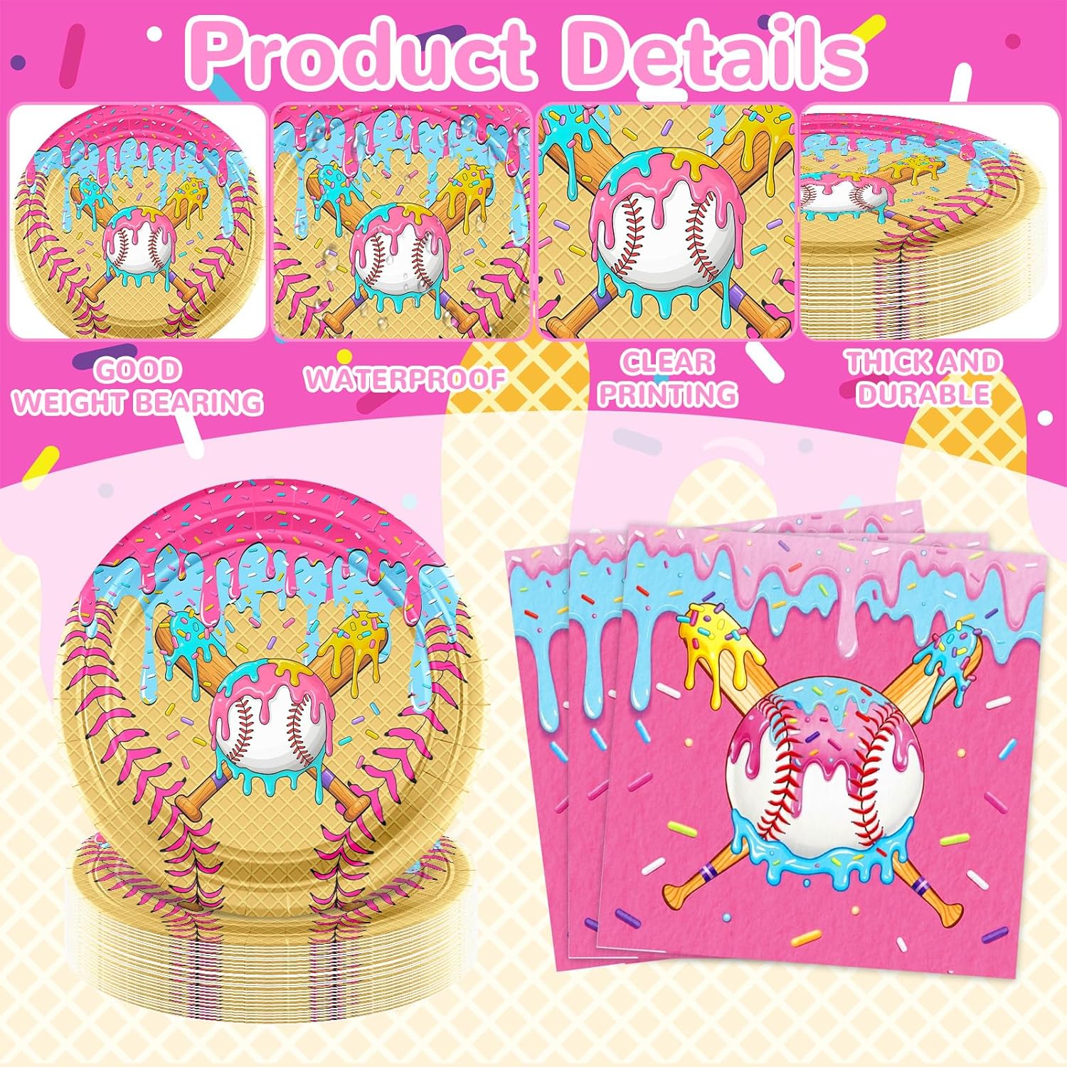 250 Pcs Ice Cream Drip Baseball Party Supplies Ice Cream Paper Plates Cup Napkins Knife Fork Set Summer Sports Disposable Tableware for Icecream Baseball Birthday Party Supplies (250)