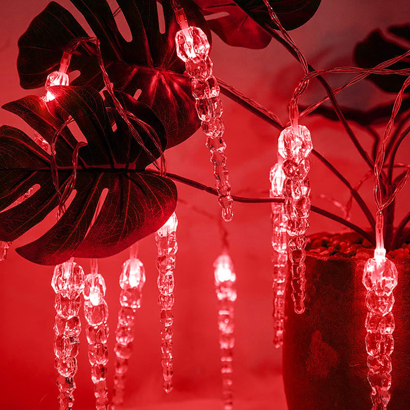 Guirlande lumineuse LED stalactites, 10 m / 100 LED, rideau lumineux électrique en acrylique cristal avec câble d'alimentation (rouge)