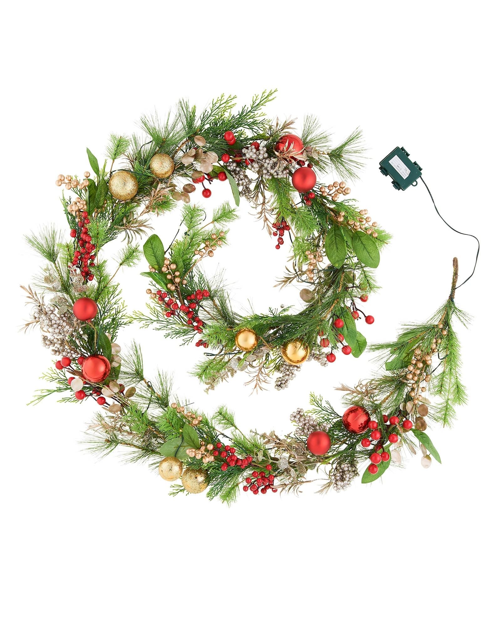 Werchristmas Green 9Ft Pre-Lit Decorated Mixed Tip Garland, Red And Gold