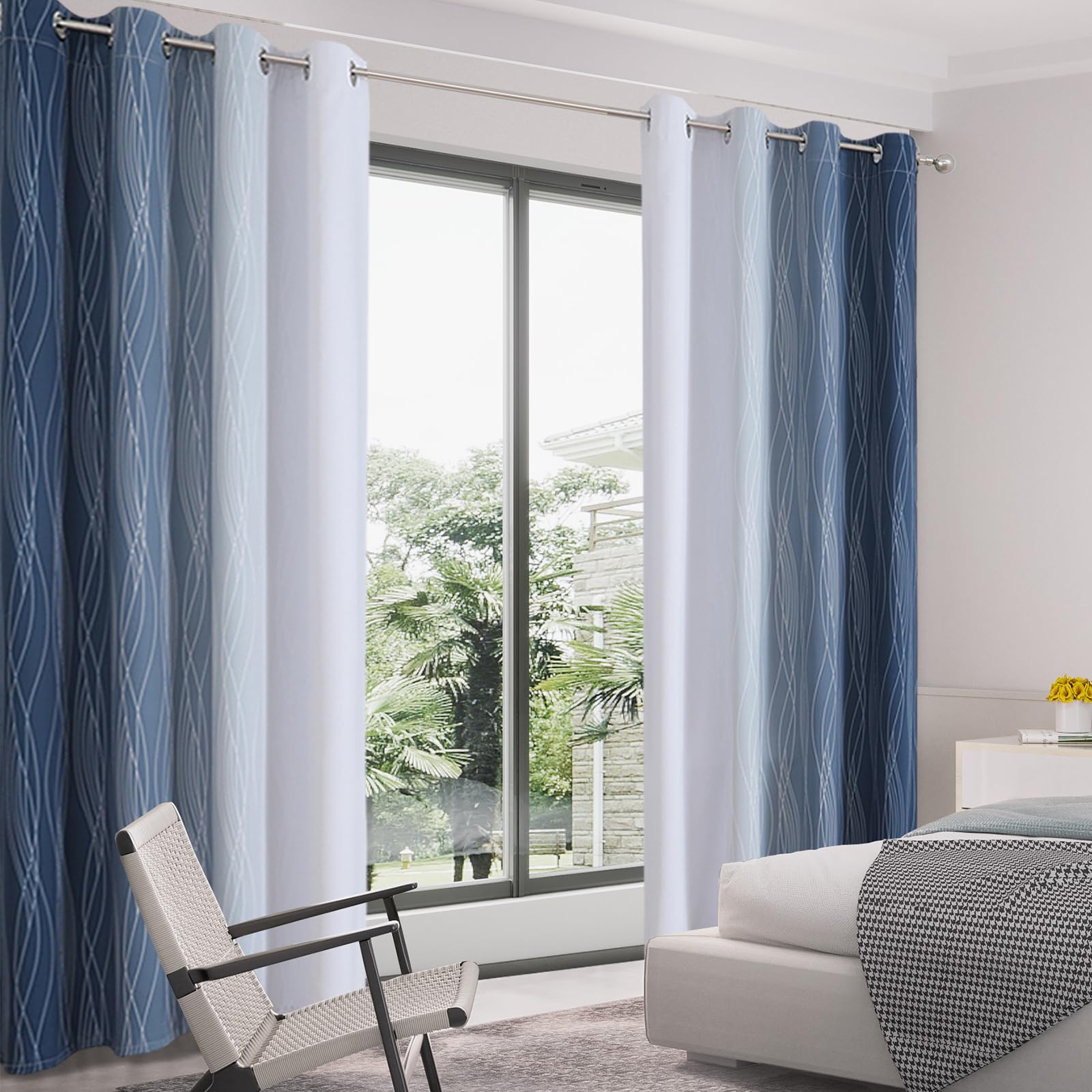 VEHEDE Navy Blue and Greyish White Gradient Blackout Curtains 54 Inch Drop for Bedroom Wave Stripe Thermal Insulated Printed Ombre Room Darkening Drapes for Living Room W42 x L54 Inch - Image 3