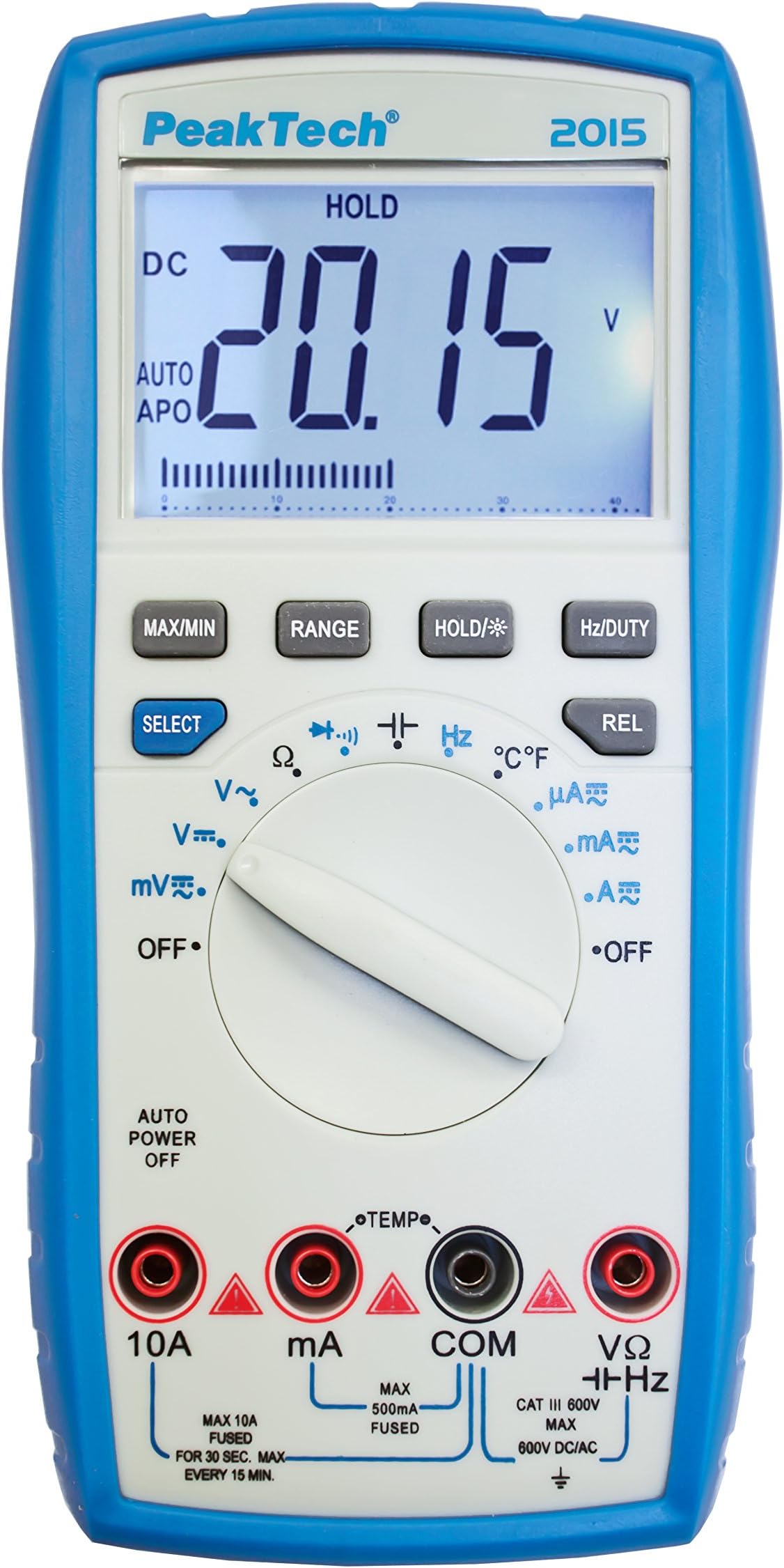 PeakTech 2015 - Digital Multimeter, 10A AC/DC, Continuity Tester, Auto-range, 4000 Counts, Voltmeter, Portable Multimeter, Electronic Ammeter, 3 3/4 Digit LCD Display, Data Hold - CAT III 600 V
