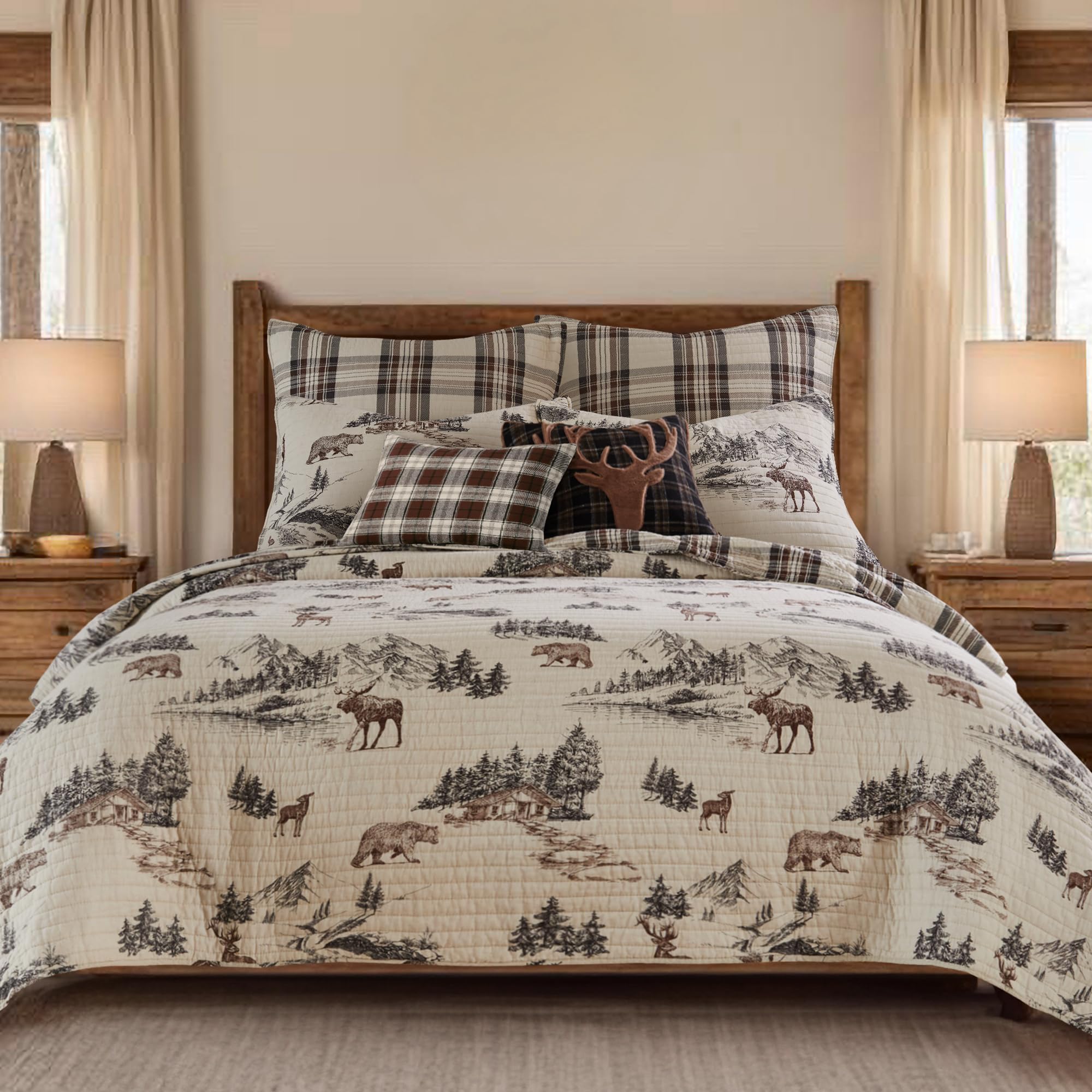 Levtex Home Zestaw kołder Lodge Toile - Kołdra pełna/Queen i dwie standardowe poszewki - Mountain Lodge - brązowy kremowy węgiel drzewny - kołdra (223 x 233 cm) i poszewki (50 x 66 cm) - dwustronna