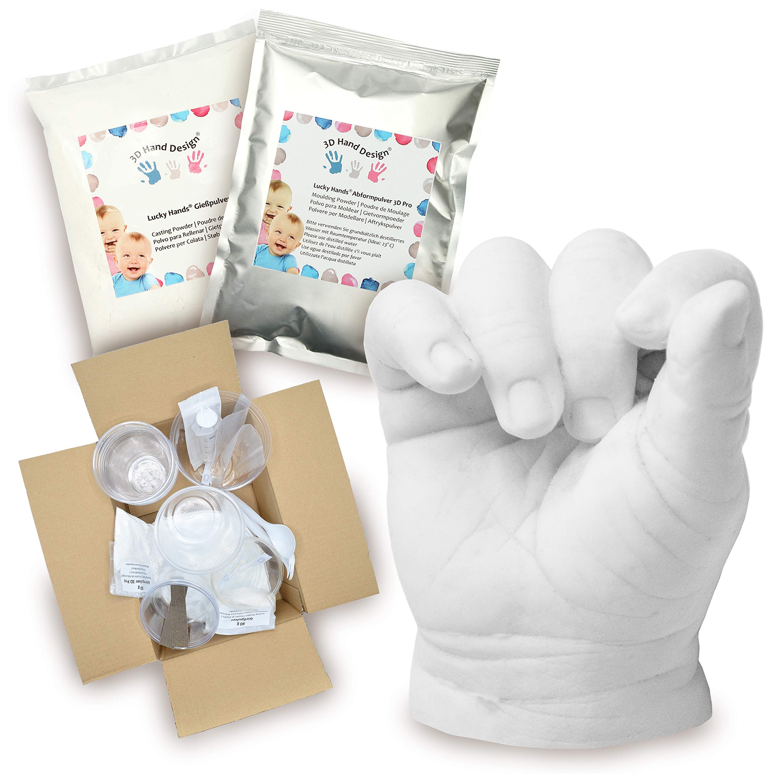 Kit de Moulage | complet avec 37 pièces et 4 tailles de récipients pour mouler les mains | masse de moulage rapide spécialement pour bébés (7-48 mois | avec accessoires, 4-6 moulées)