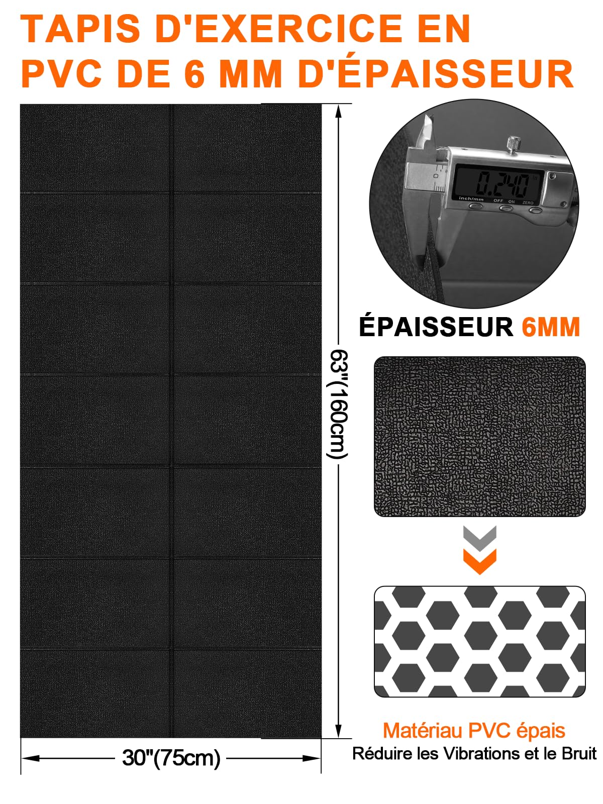 Tapis de protection de sol pour appareil de fitness, 160x75 cm, 6 mm d'épaisseur Tapis de fitness pliable en PVC pour moquettes et parquets, antidérapant et imperméable, compatible avec tapis