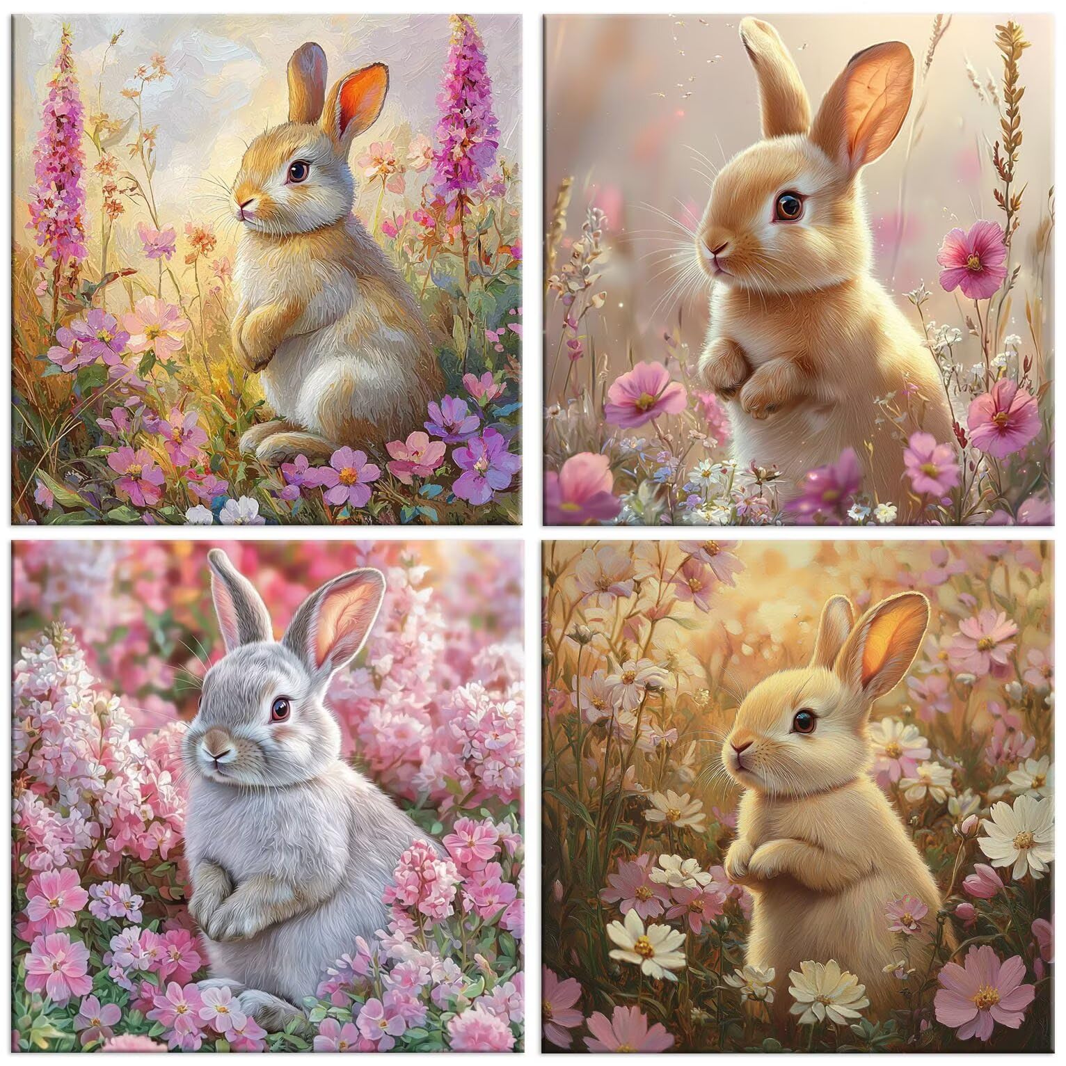 5D Diamond Painting Süße Kaninchen Blumen, Diamant Malerei 50x50cm w-477 | 4 Pack Diamond Painings Erwachsene, 5D DIY Diamant Malerei Mosaikherstellung für Relaxation and as a Wall Deko Geschenk