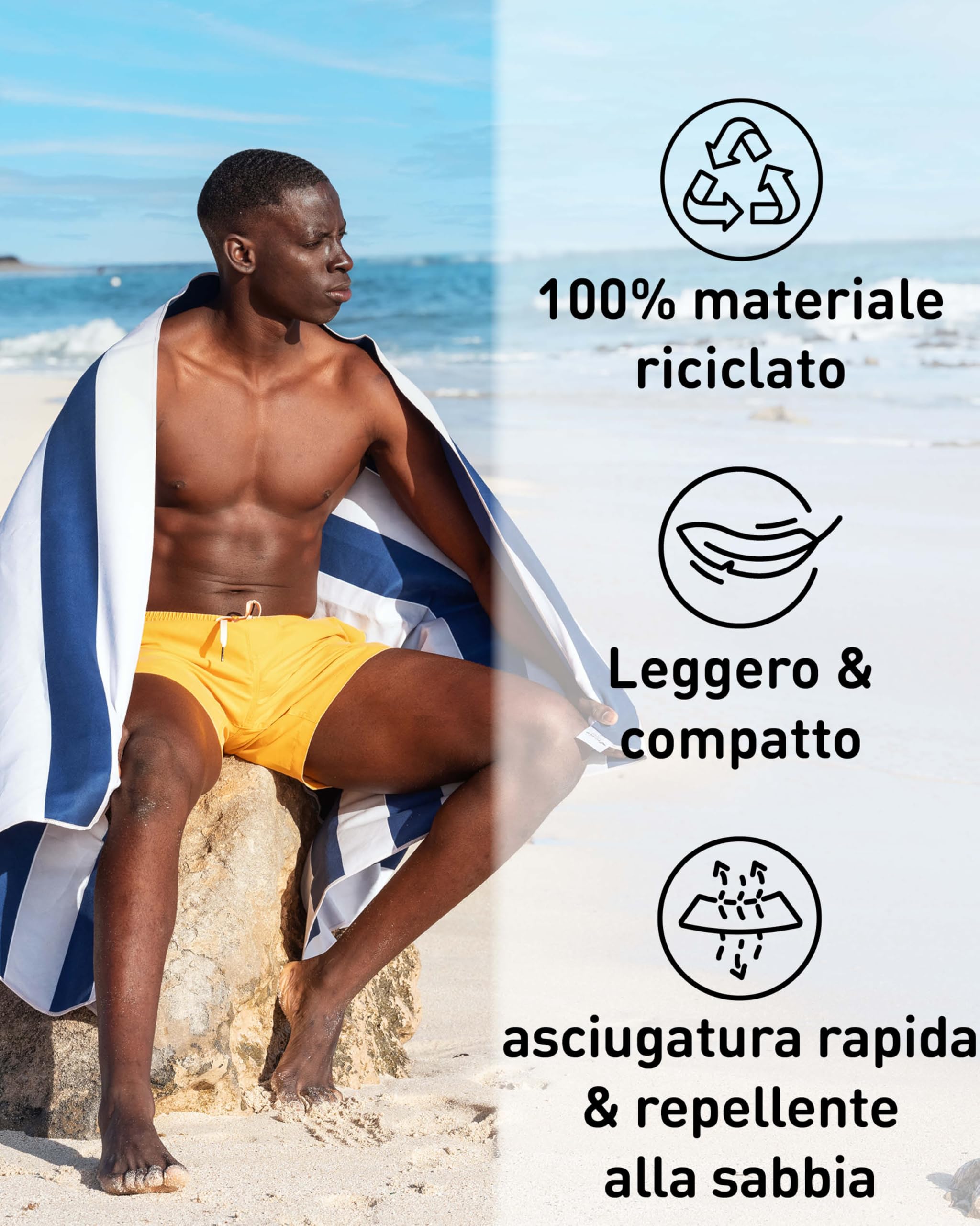 Fit-Flip Telo Mare microfibra – leggero, fine e ad asciugatura rapida – asciugamano microfibra grande – teli antisabbia da spiaggia – 100% riciclato - rigato blu marino-bianco 200cmx90cm