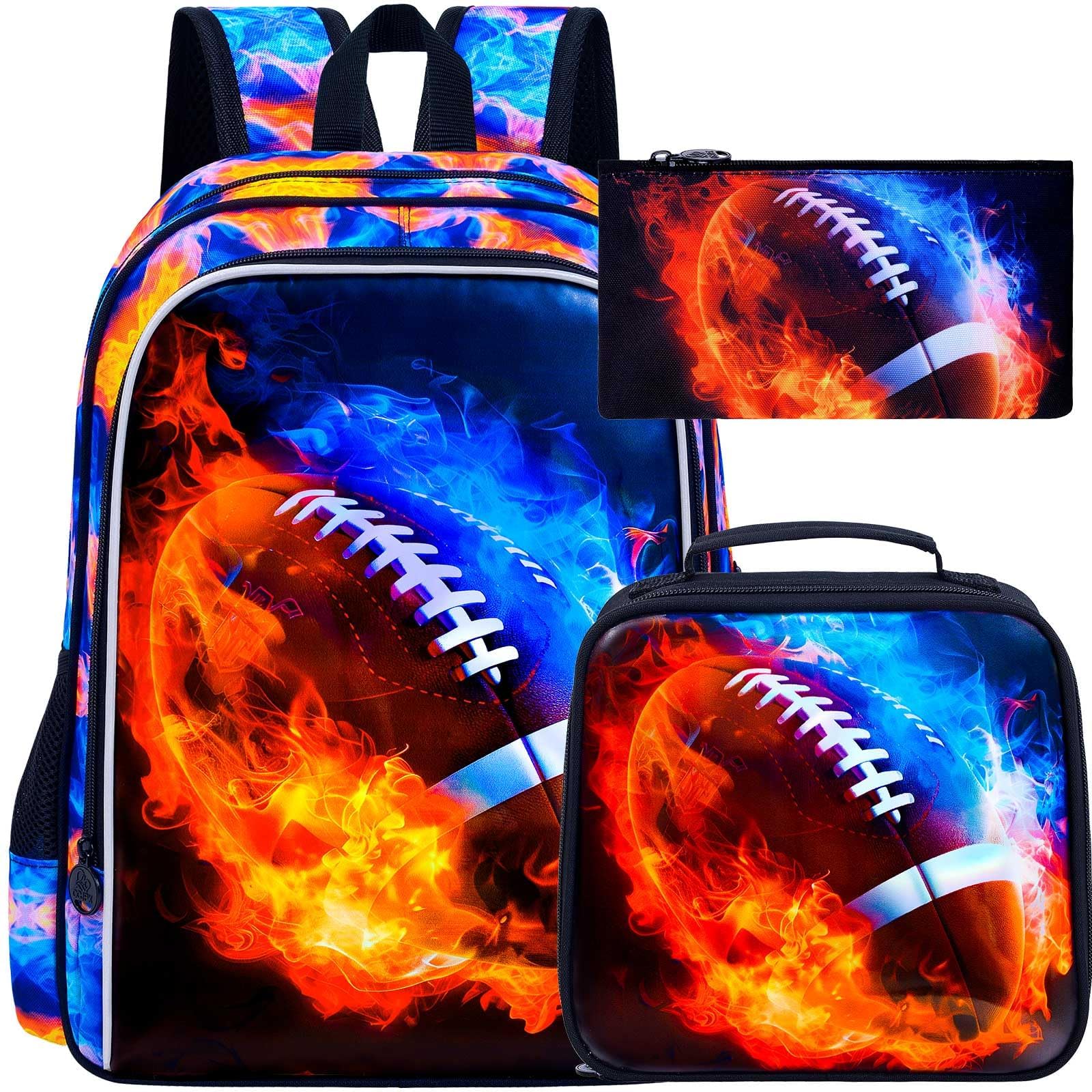 UFNDC 3PCS Kids Rugby Backpack, Boys Fire Bookbag with Lunch Box, 17" Water Resistant School Bag for Teenagers Elementary Middle