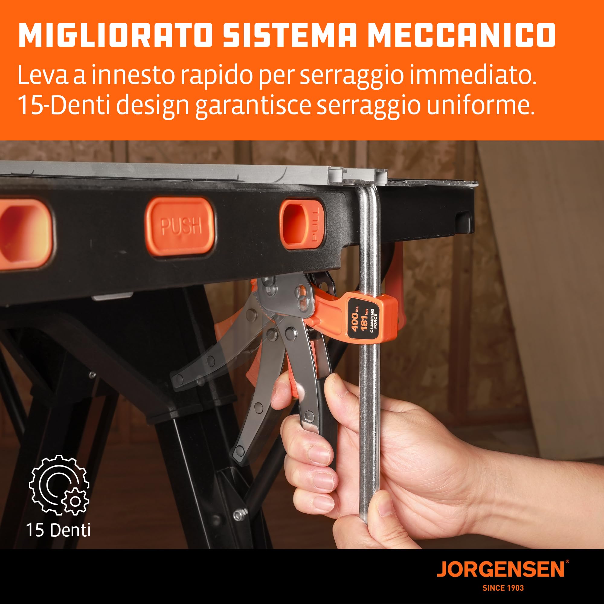 JORGENSEN Set da 2 Morsetti da Falegname, Morsetto a Leva Guida per Binari, con Blocco di Sicurezza, Forza di Serraggio fino a 181 kg, Apertura Max 168 mm