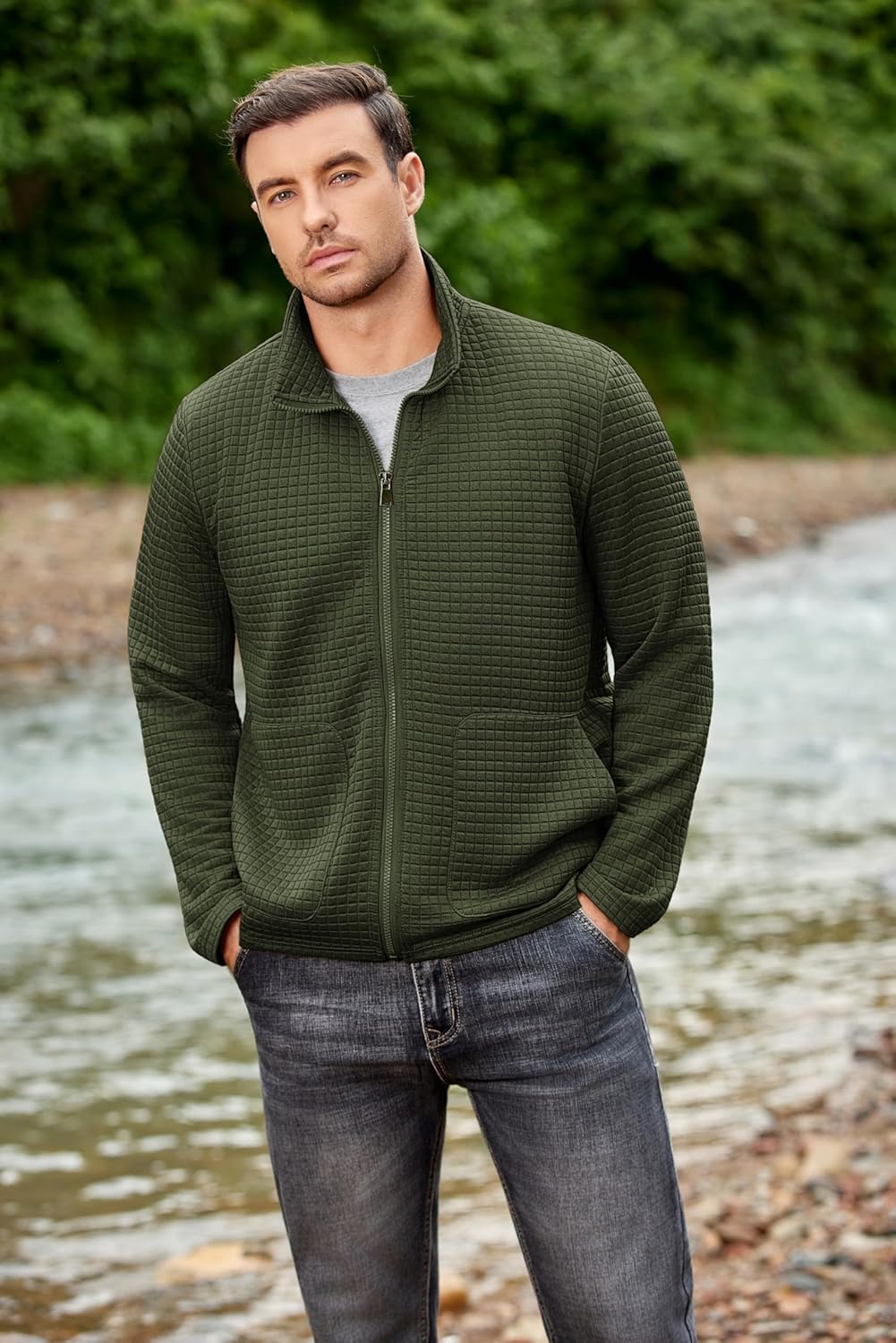 COOFANDY Men's Lightweight Varsity Jacket Casual Bomber Jackets Waffle Zip Up Sweatshirts with Pocket - Image 4