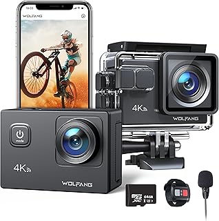 WOLFANG Action Camera GA100 with 64GB microSDXC Memory Card 4K 30FPS 20MP Underwater Camera Waterproof 40M, WiFi Vediocamera with Dual Mic, 170° Wide Angle, EIS Anti-shake, Various Accessories