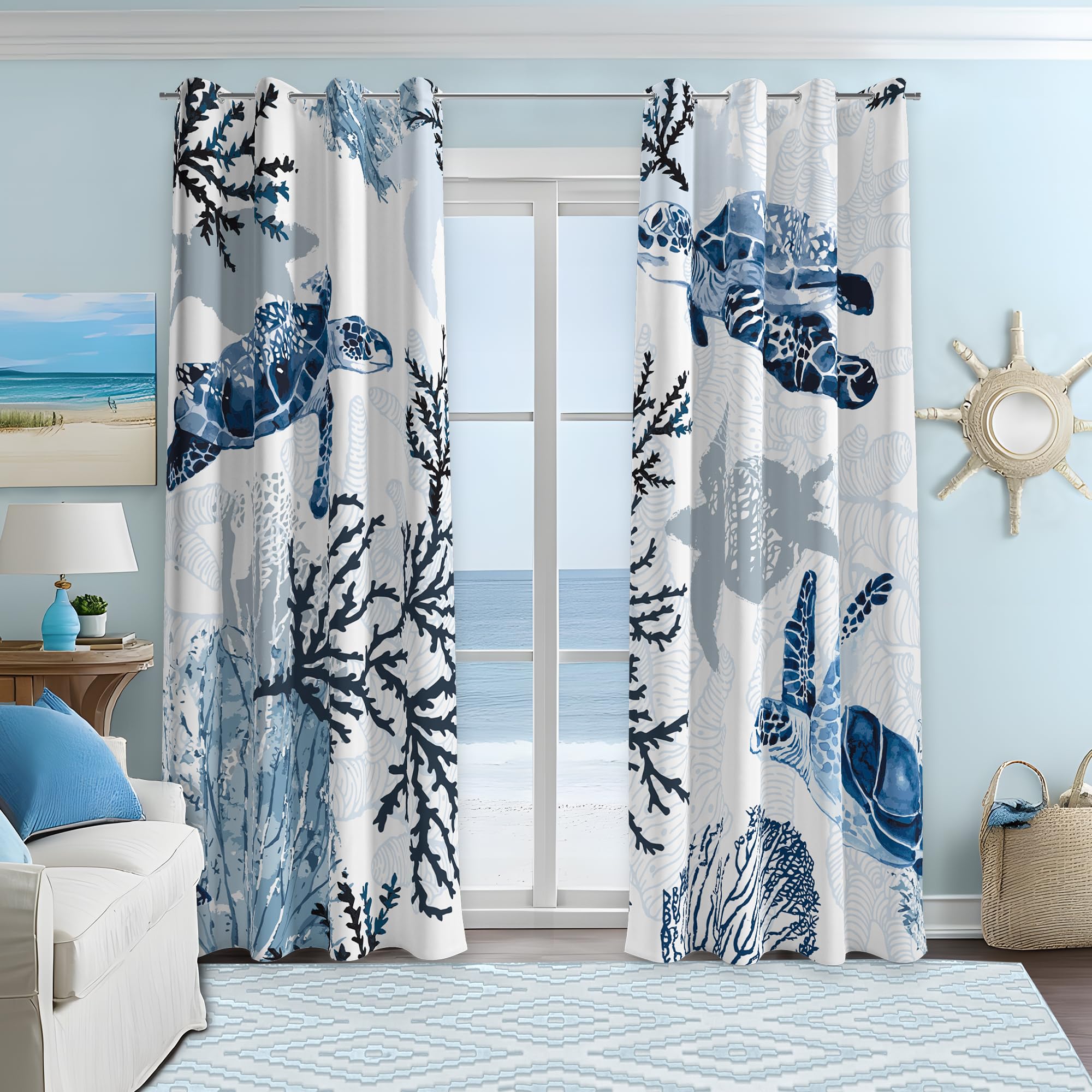 Nautical Coastal Curtains Decorative Beach Ocean Sea Turtle Coral 50% Light Blocking Sea Darkening Grommet Curtain For Villa Living Room, Bedroom Navy
