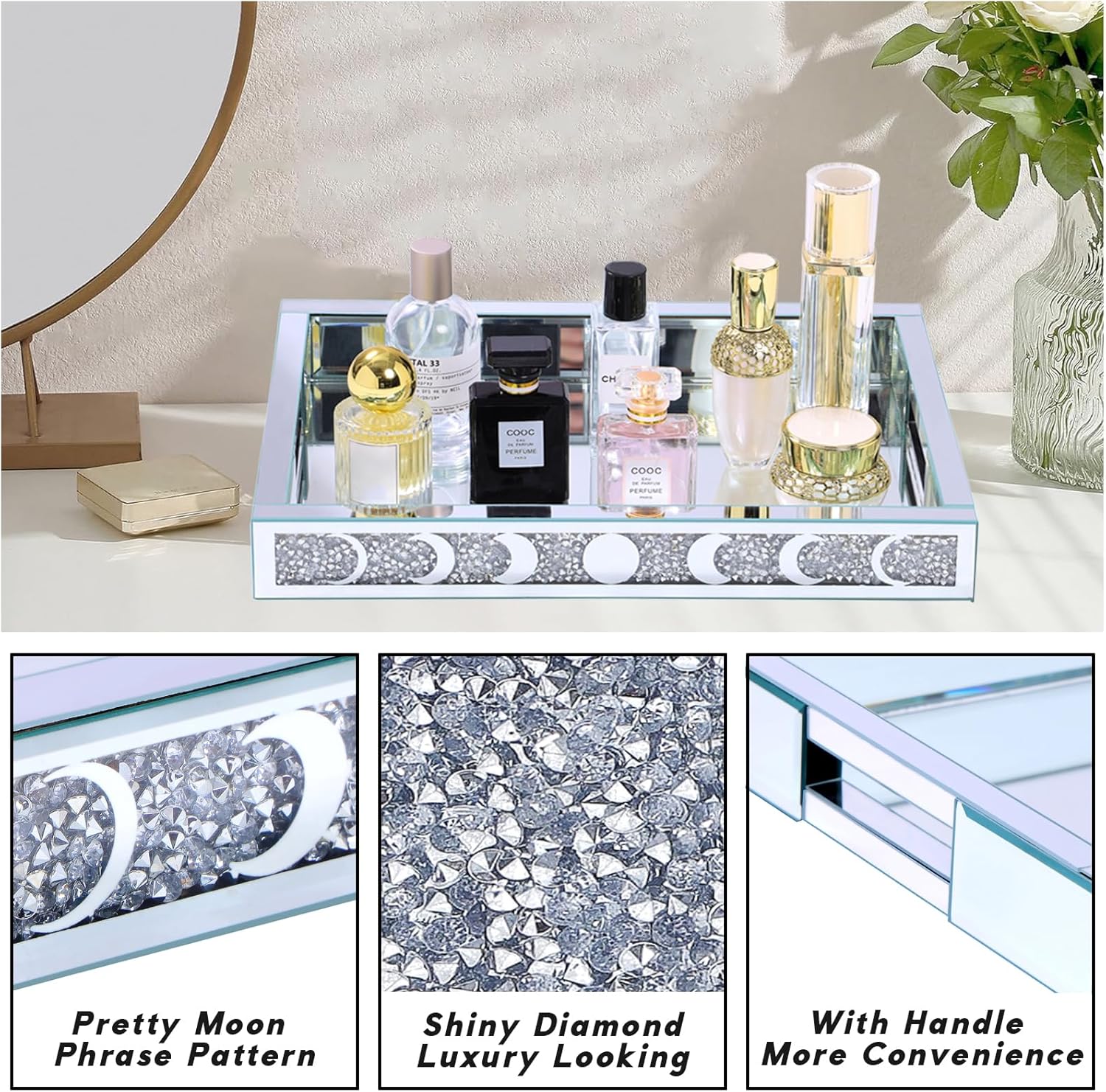Crush Diamond Mirror Perfume Tray, Silver Glass Mirror Trays for Vanity, Table Trays Decorative, Moon Phase Pattern Vanity Trays for Bedroom Dresser Bathroom(15”x11”x2”)