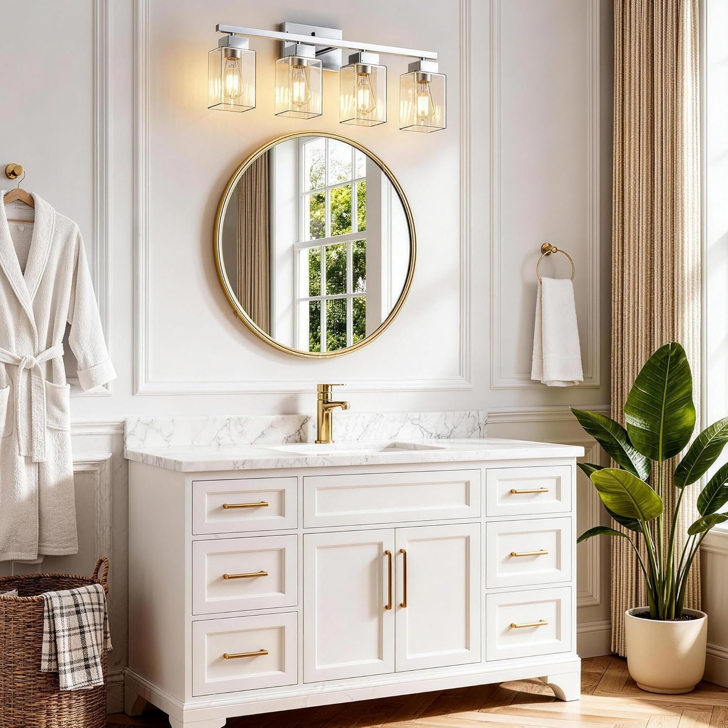 PARTPHONER 4-Light Bathroom Light Fixtures, Brushed Nickel Modern Vanity Lights, Bathroom Lighting Fixtures Over Mirror, Square Design Farmhouse Wall Sconces with Clear Glass Shades