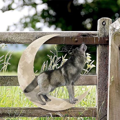 Vista 7 de Arte de pared de metal, lobo en la luna para interiores y exteriores, escultura de pared de lobo de hierro forjado 3D para sala de estar