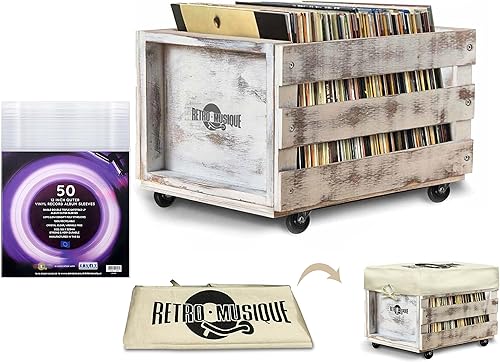 Miniatura 6 de Estuche de almacenamiento de discos de vinilo LP sobre ruedas con capacidad para hasta 100 álbumes (en fundas de PVC) con cubierta de arpillera Teak