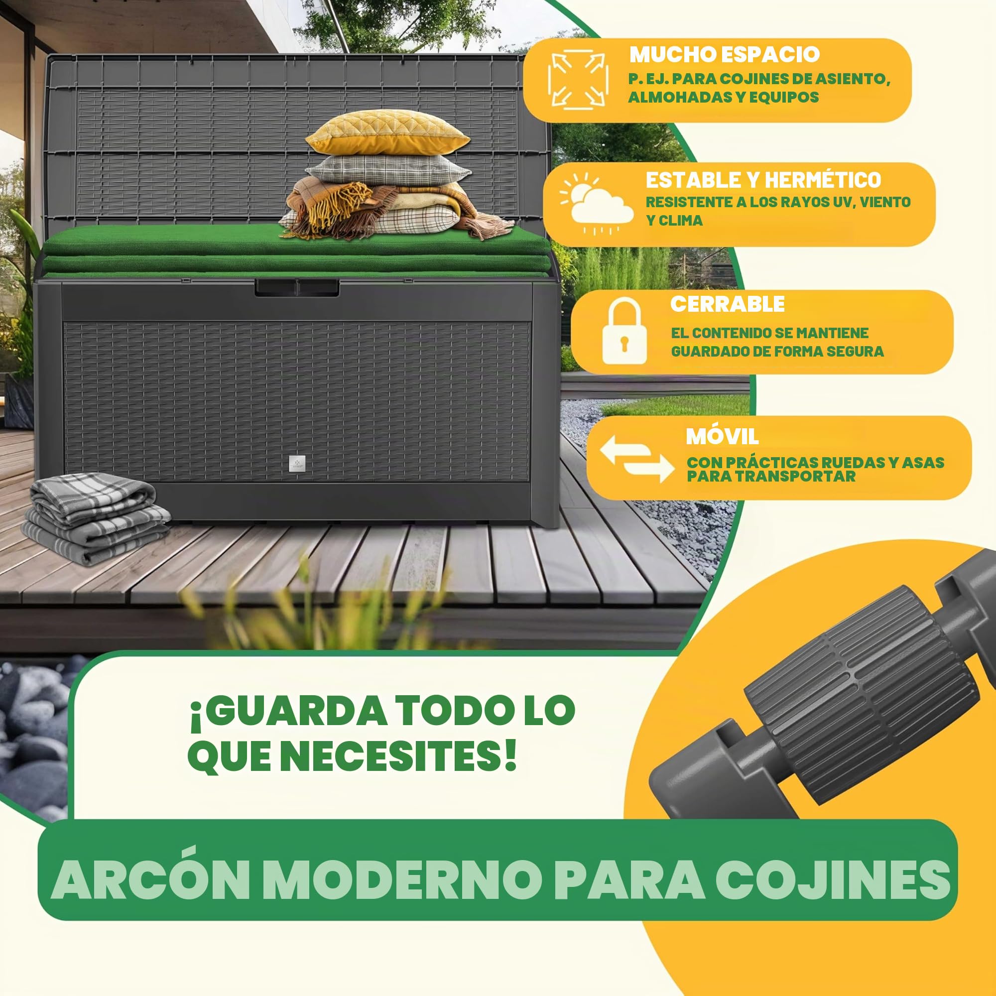 KESSER® Caja para Cojines 310 Litros Con Ruedas, Tapa Plegable, Asas, Aspecto de Ratán, Resistente a la Intemperie, Almacenamiento para Jardín