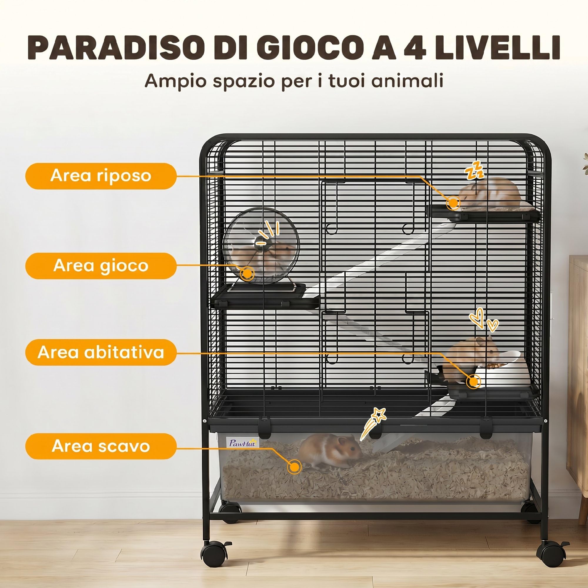 PawHut Gabbia per Conigli in Acciaio a 4 Livelli con Piattaforme, Rampe, Ruote, Serbatoio Acqua, Ciotola e Vassoio Rimovibile, Gabbietta per Criceti, Porcellini d'India, Furetti, 75x46x94.5 cm, Nero