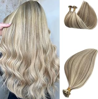 Highlighes U Tip Human Hair Extensions for Women, Nail Tip Extensions Ash Blonde Highlighed Bleach Blonde Keratin Extension Real Human Hair 14Inch 50g/50s(18P613)