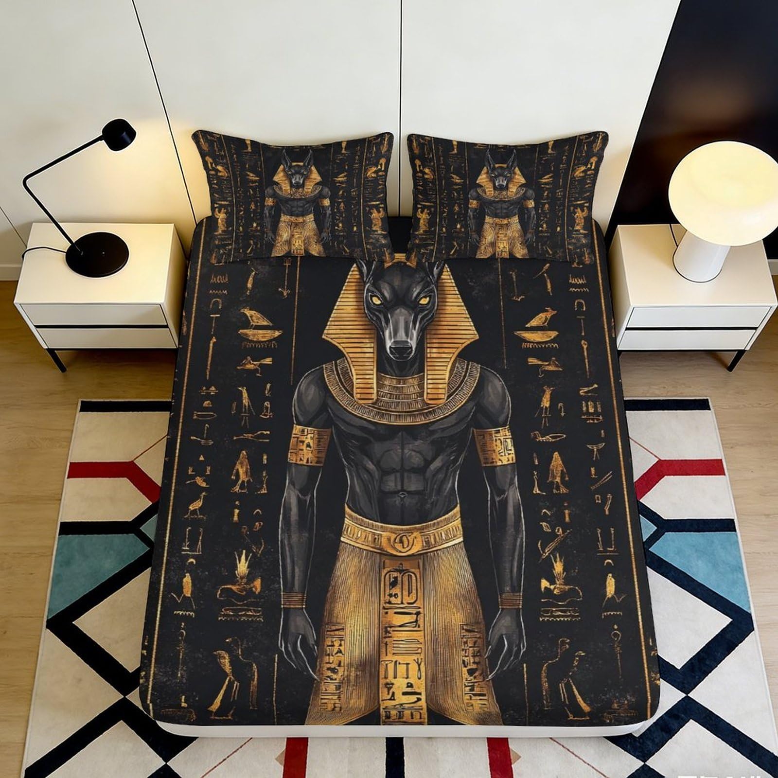 Jqzkxnhpbr Style-3 3D Printed Egyptian Anubis Fitted Sheet Microfiber Soft Breathable Hieroglyph Bed Cover For Bedroom Dorm Decor Mattress Protection 90X200x25cm