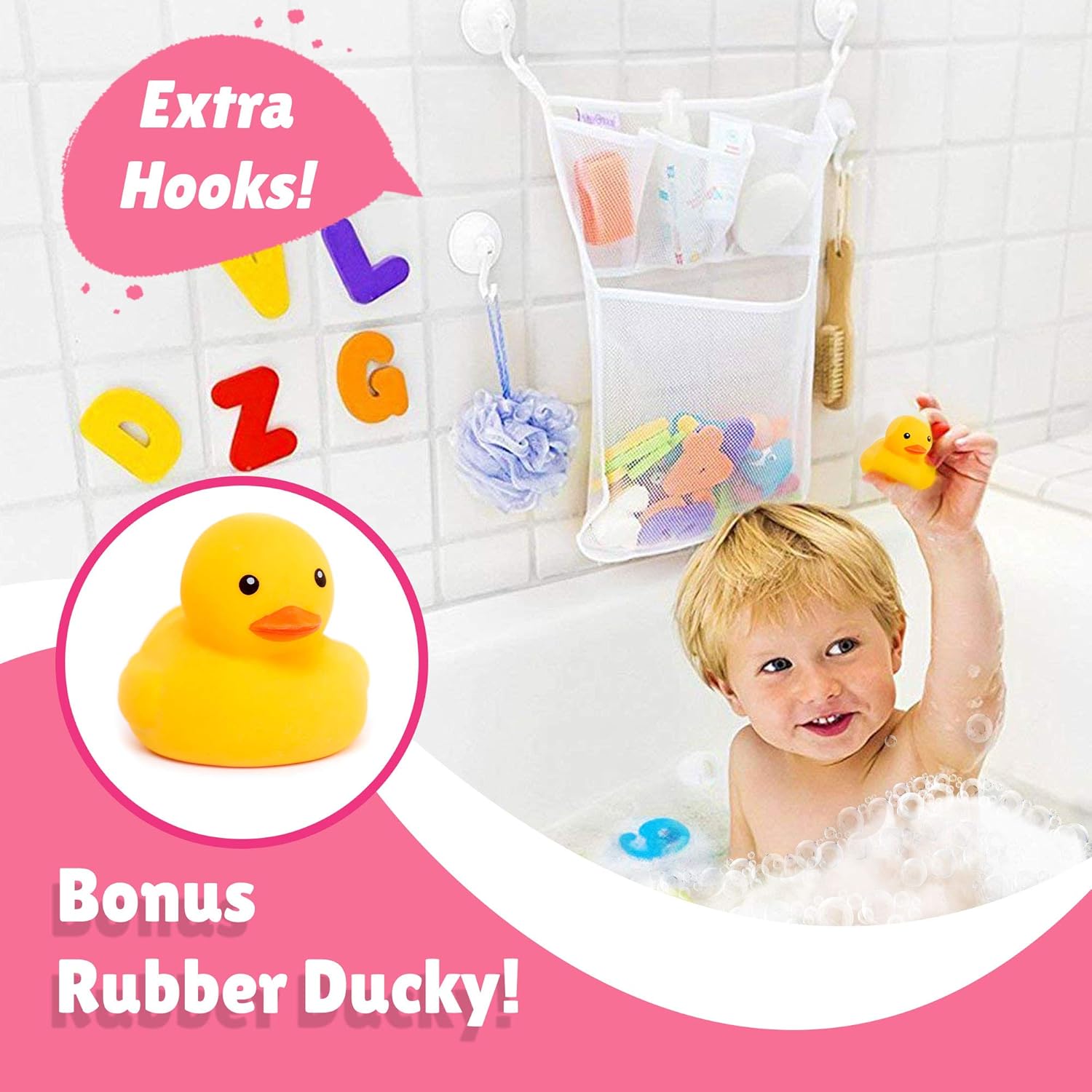 Original Tub Cubby Bath Toy Storage - Hanging Bath Toy Holder, with Suction & Adhesive Hooks, 14"x20" Mesh Net Shower Caddy with Suction & Adhesive Hooks - 36 ABC Soft Foam Letters and Numbers - Bonus Rubber Duck & Hooks : Toys & Games