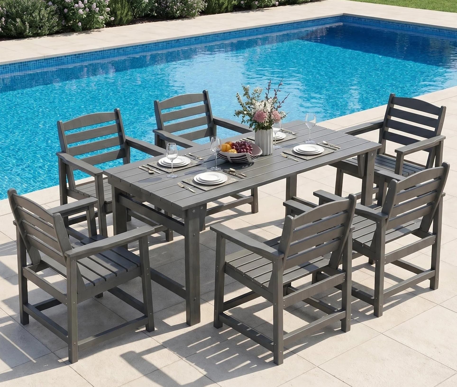 Furnimart 7-Piece Outdoor Dining Set, 67" HDPE Dining Table and Chairs for 6, All-Weather Patio Dining Set with Umbrella Hole, Outdoor Furniture Set for Backyard, Garden, Lawn & Poolside, Grey