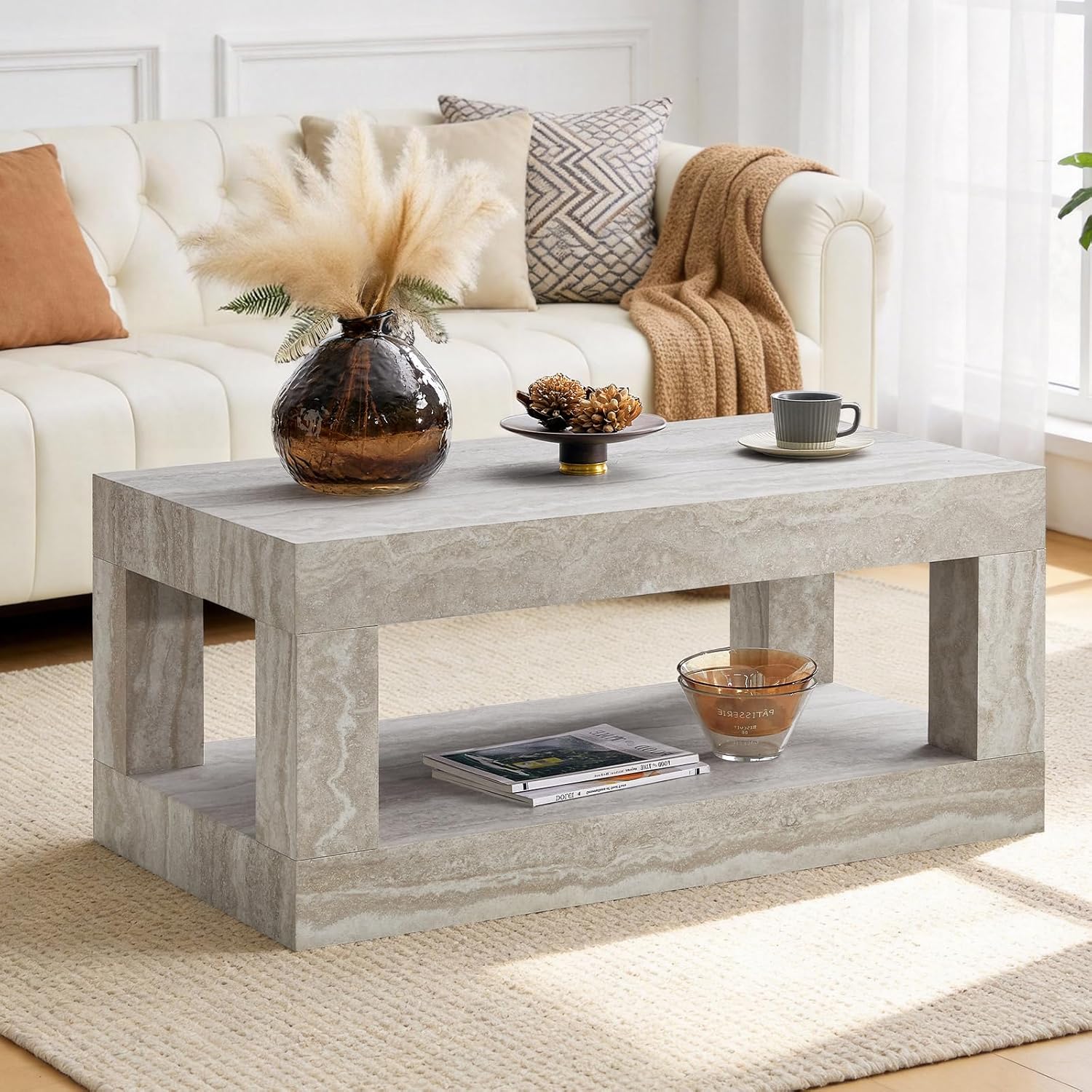 LKTART 39.37" Faux Travertine Stone Coffee Table with Storage, 2-Tier Mid Century Rectangular Accent Table with Thick Tabletop, Rustic Style Cocktail, Center Table for Living Room, Office(Beige)