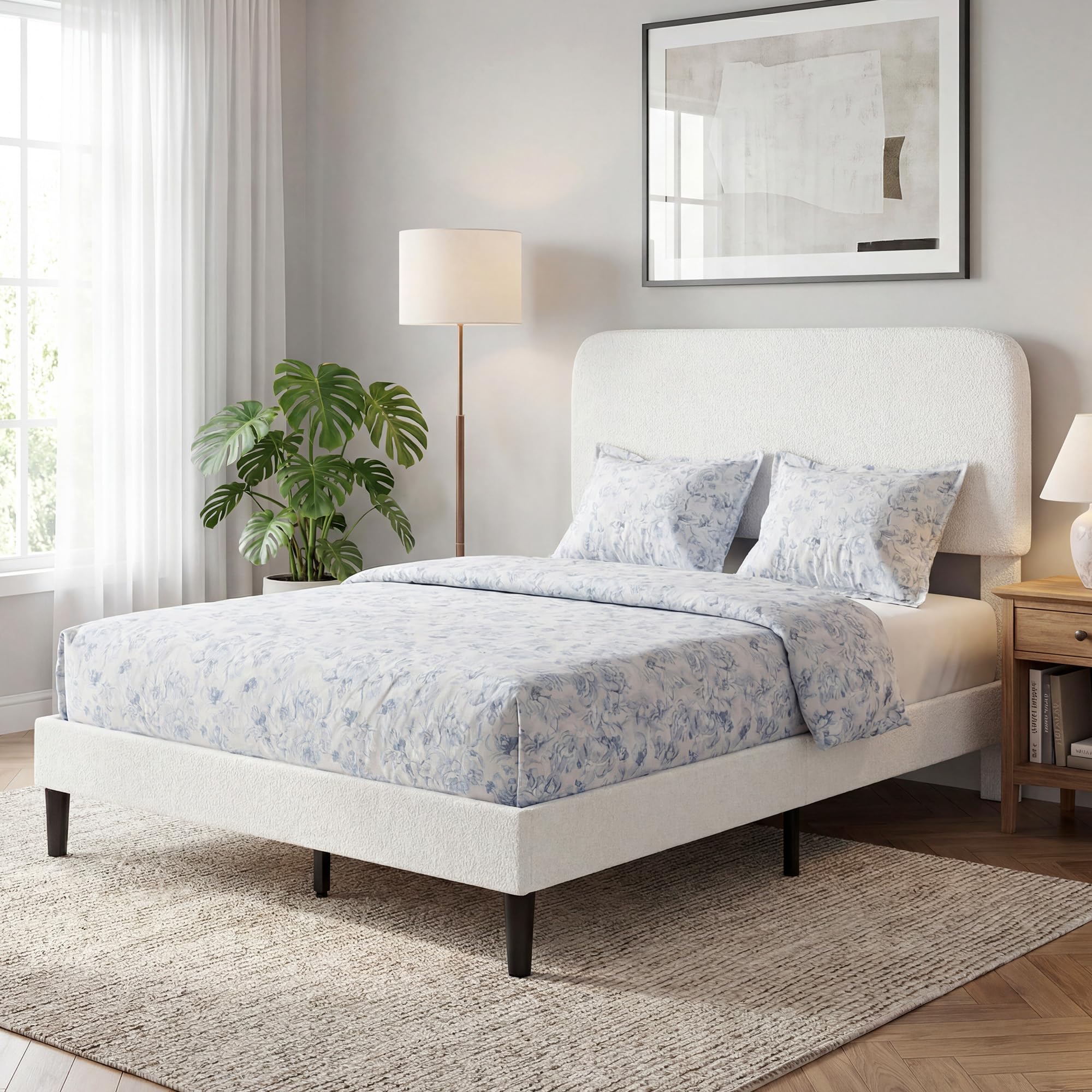 HOMCOM Cama Doble Tapizada en Borreguito, 135x190 cm, Cama Matrimonio con Cabecero Ajustable en Altura, Listones de Madera, Blanco